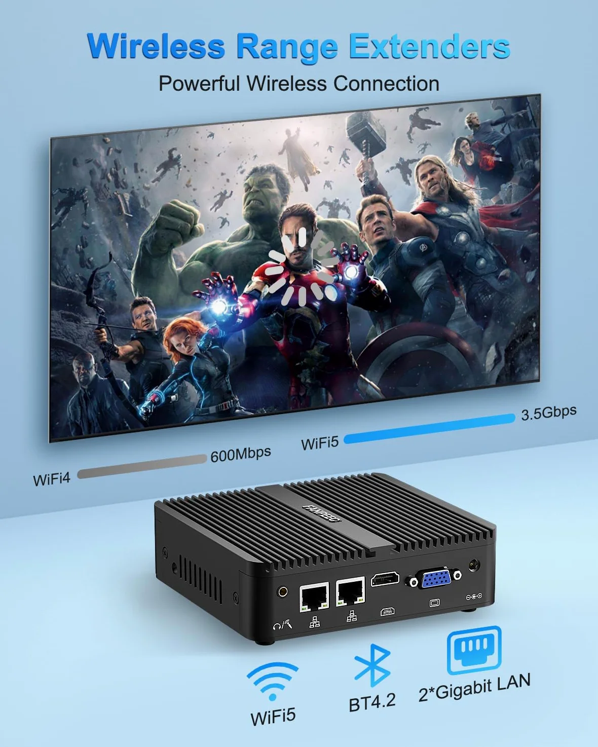 FANPEEC Mini PC sans Ventilateur J5005 8Go DDR4 128Go MSATA SSD | PC Industriel Win11 Pro, 4K HD+1080p VGA, 2xLAN, 4xUSB, WiFi5 BT4.2, Fanless PC Pour Serveur Professionnel/Domestique