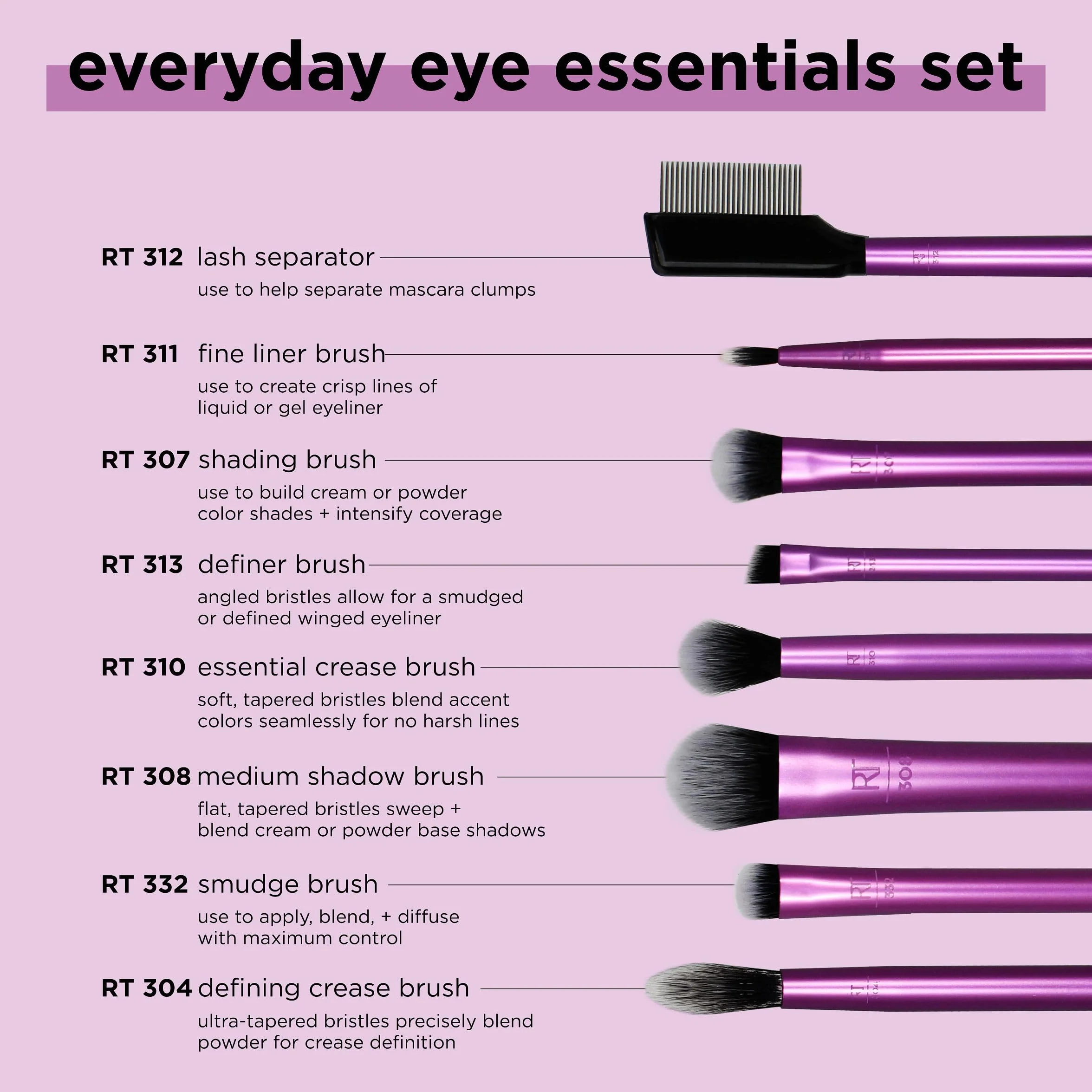 Real Techniques Ensemble de pinceaux de maquillage Everyday Eye Essentials, 8 pièces