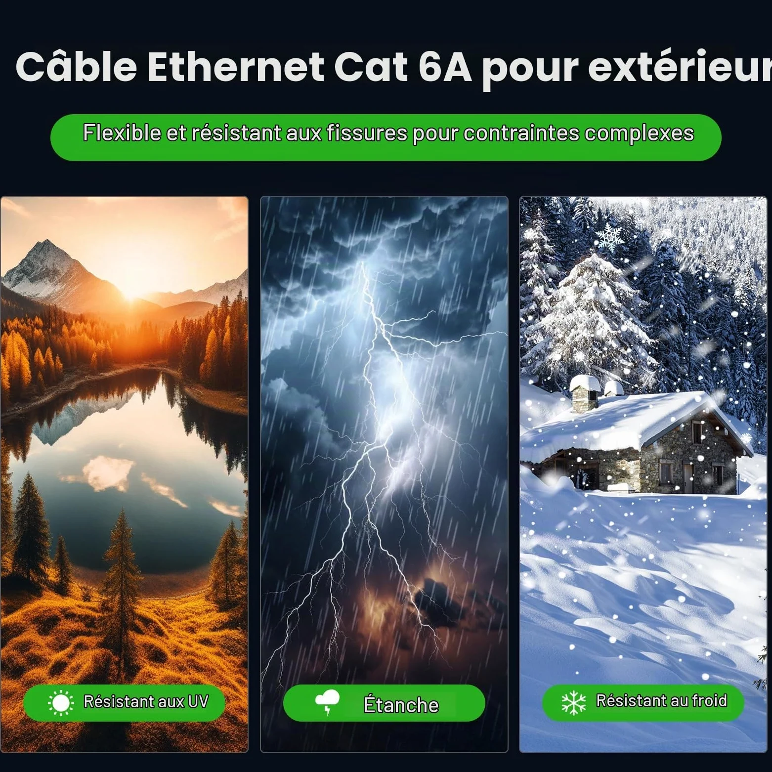 Cable Ethernet Extérieur Cat 6A 100m 23 AWG LLDPE 10 Gbps 550MHz, Résistant UV/Intempéries, Enfouissement Direct, Câble RJ45 Réseau Internet Gigabit Haute Vitesse UTP CCA, 80 Attaches Noires