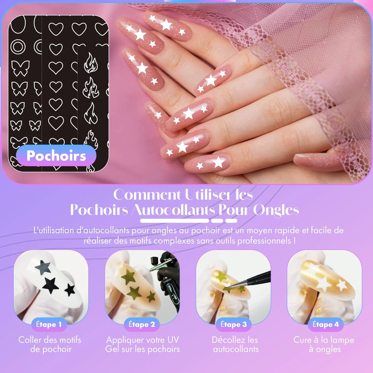 Kit 12 Vernis Semi-Permanent Gel UV Airbrush Ongle – Nail Art – Séchage Rapide Lampe UV/LED – Haute Pigmentation – Manucure Ongles – Nettoyant aérographe – Pochoir
