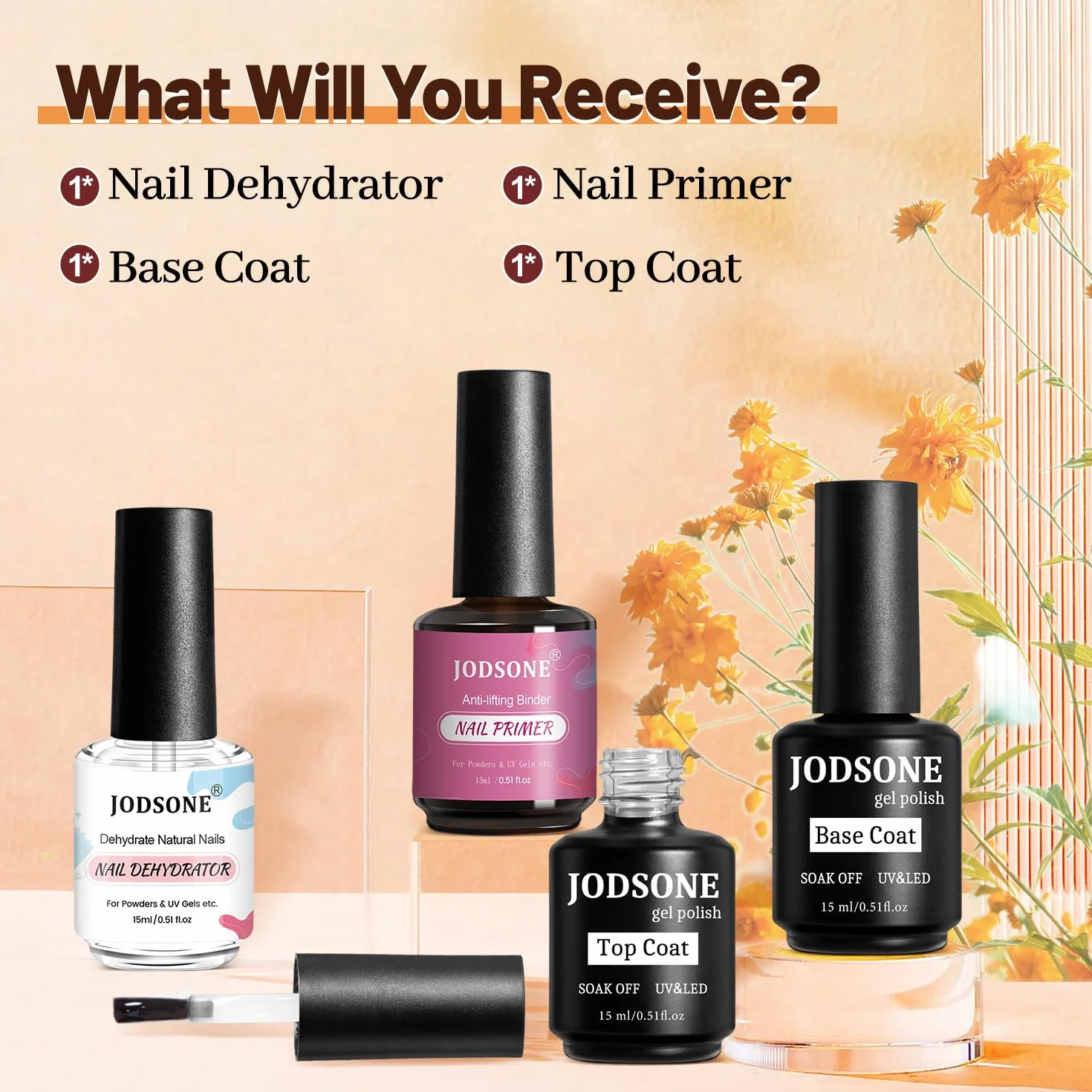 JODSONE Vernis Semi Permanent Déshydrateur d'ongles Base et Top Coat 15ML x 4 Durable