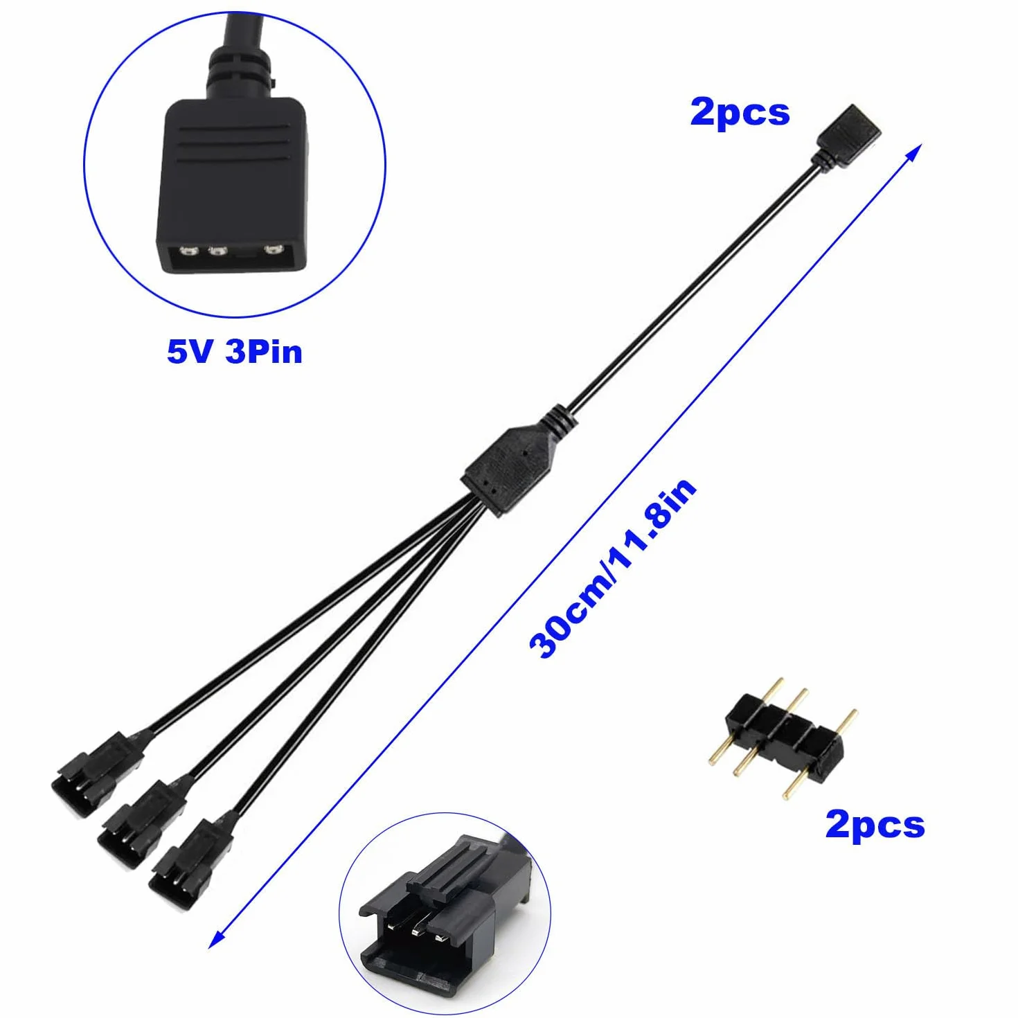 Répartiteur ARGB 2 Pièces Câble 5V 3 Broches femelle vers SM mâle pour Ventilateurs RGB LED Noir