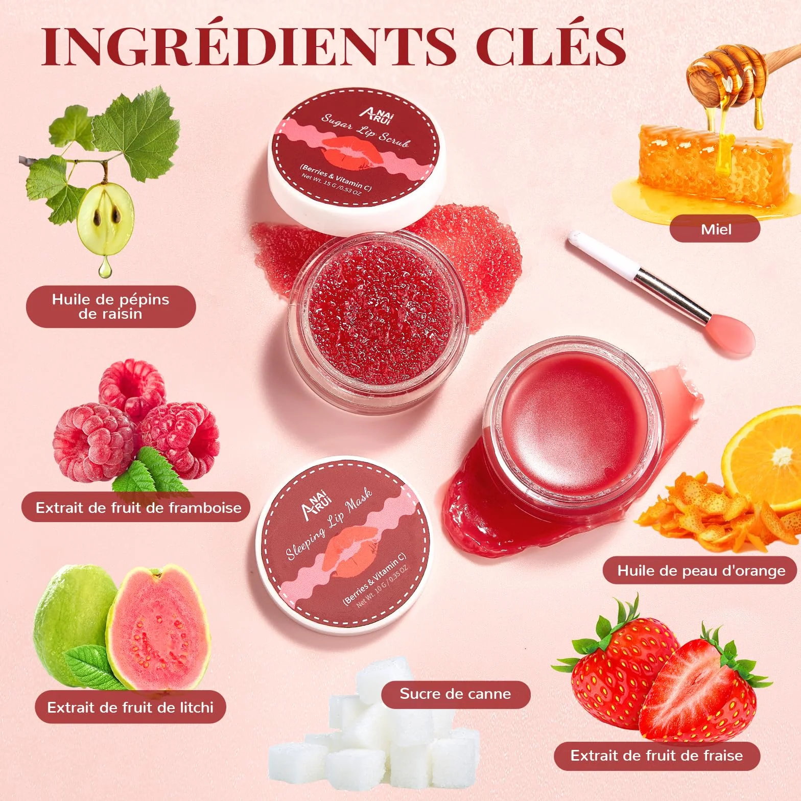 Kit de Soin pour les Lèvres ANAiRUi - Masque Baume & Gommage Sucré - Masque de Nuit Baies Vitamine C