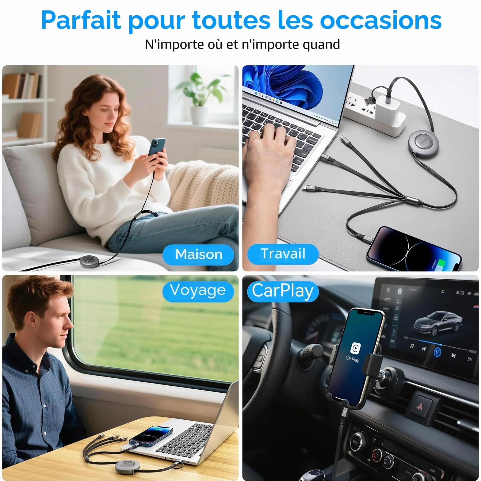 Câble de Charge 6 en 1 Rétractable 1,2m USB C avec Lightning pour iPhone Android Galaxy