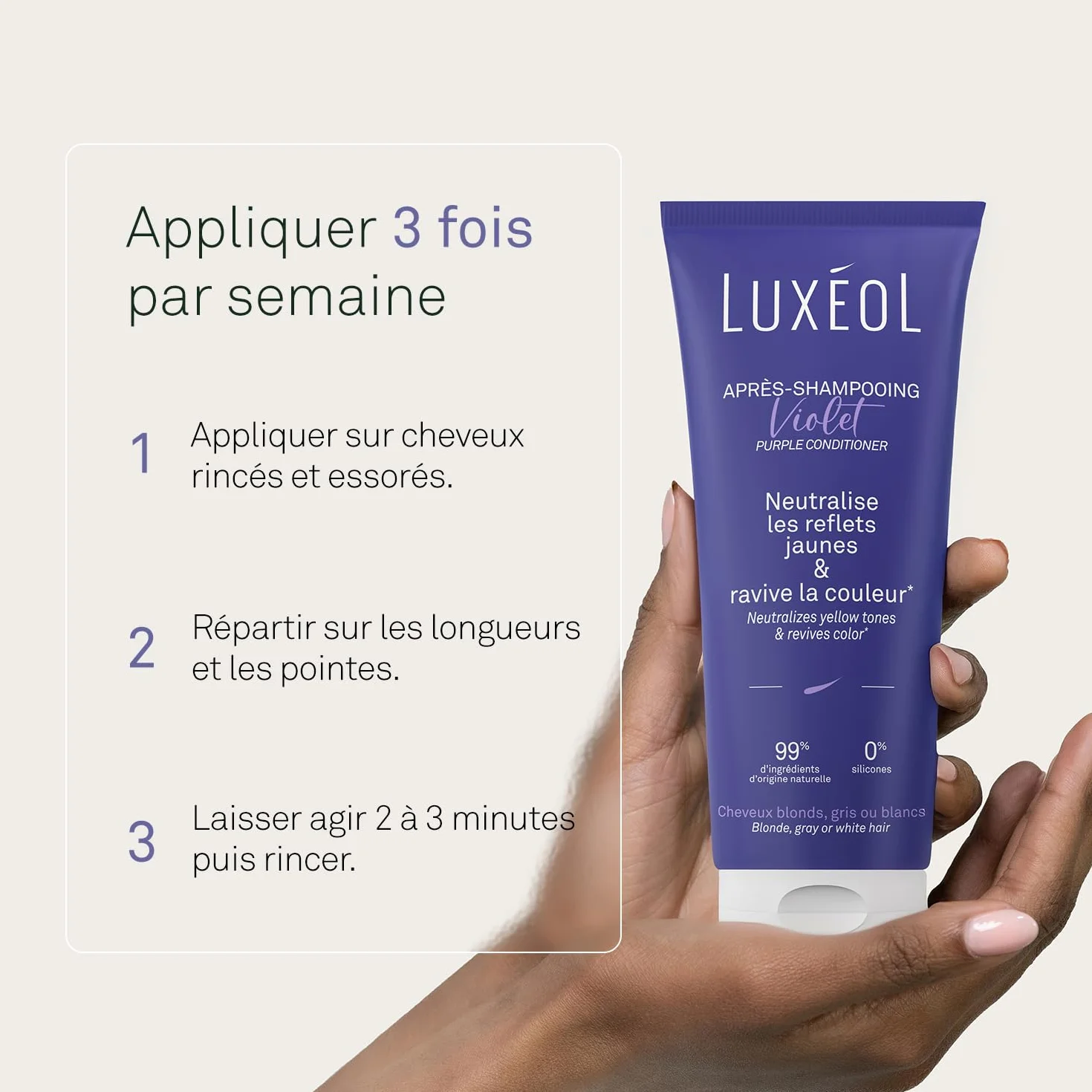 LUXEOL Après-Shampooing Violet 200 ml Neutralise Reflets Jaunes Corrige Cuivrés