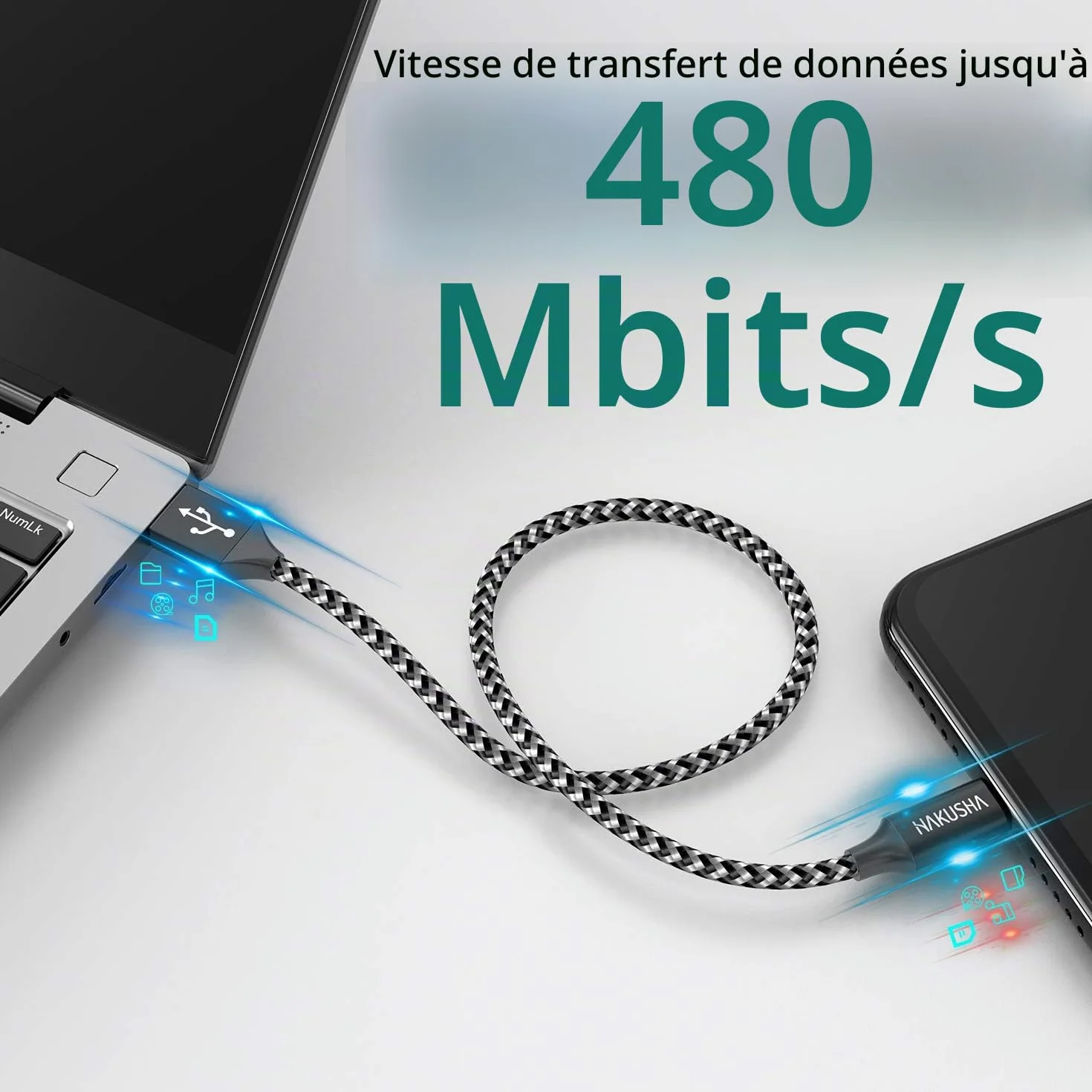 HAKUSHA Câble Micro USB 2M 3A Charge Rapide Android Nylon pour Samsung Huawei Sony