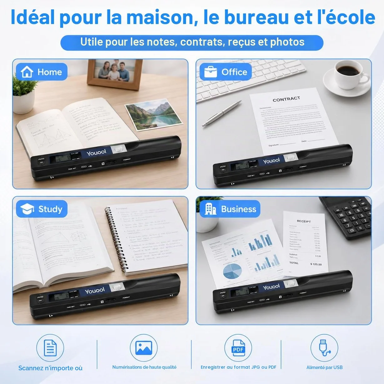 Mini Scanner Portable A4 900 dpi USB Numérisation Couleur JPG PDF avec Carte 16GTF
