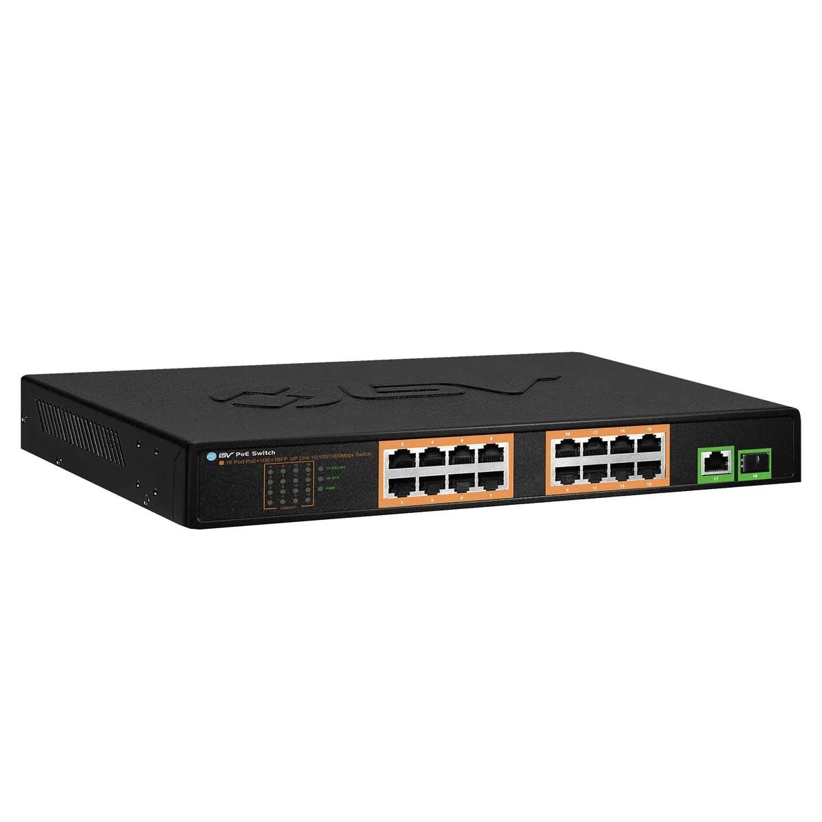 BV-Tech Commutateur Switch 18 Ports PoE+ (16 Ports POE+ | 2 Gigabit Uplink) – 130W – 802.3at – POE-SW1602A