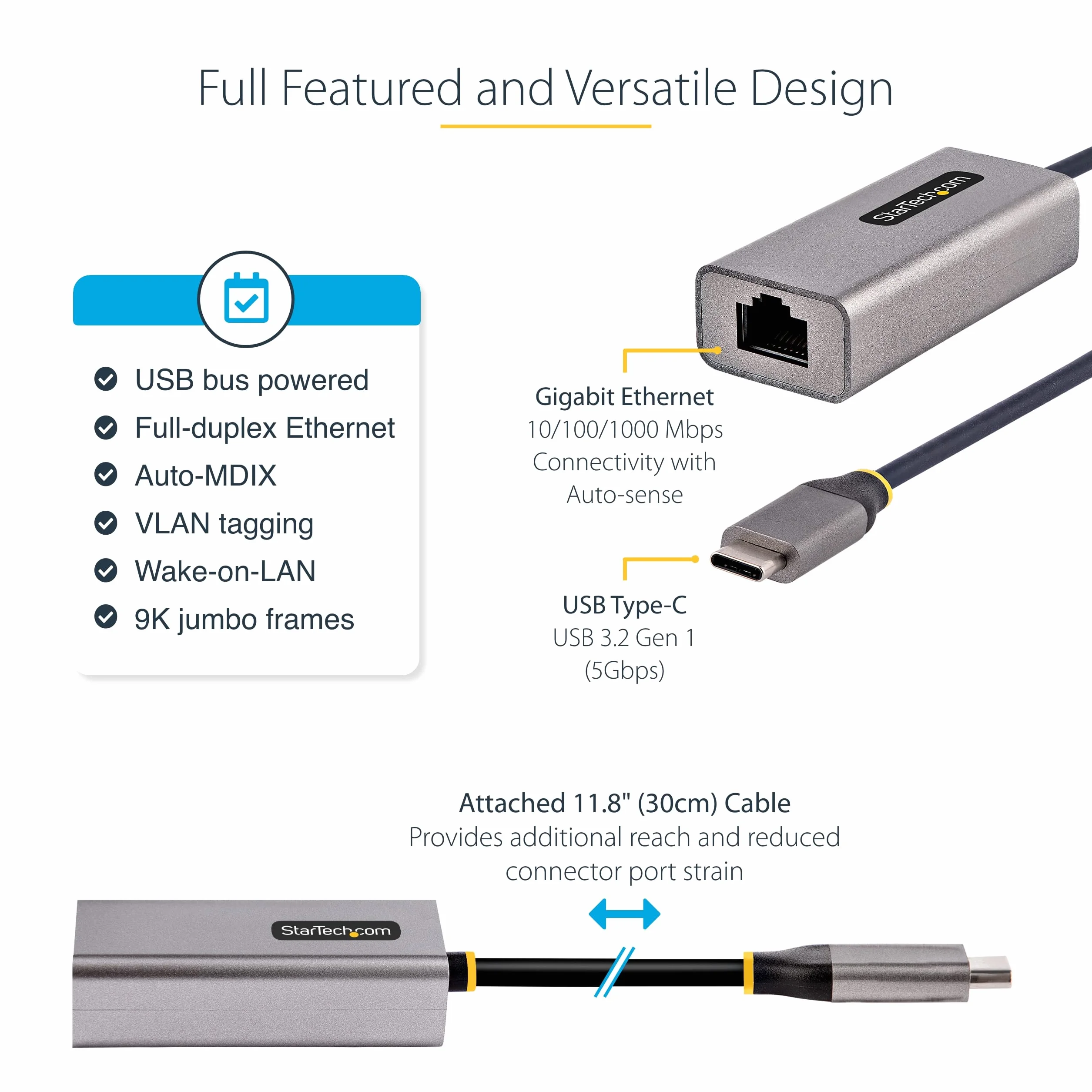 StarTech.com Adaptateur USB-C vers Ethernet Gigabit RJ45 - 10/100/1000 Mbps, Puce ASIX AX88179A, USB 3.0, Câble 30 cm, Win/MacOS/Linux