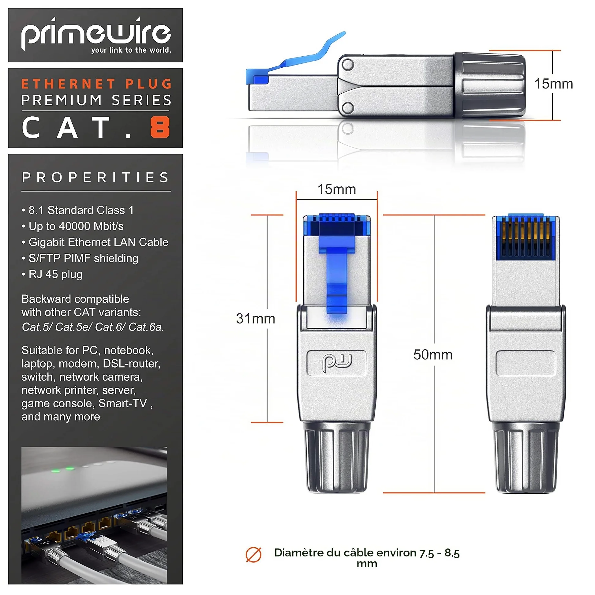 Primewire - 10x connecteurs de sertissage sans Outils RJ45 Cat 6 Cat 7 Cat 8 - connecteur modulaire rj45 - fiche rj45 sans Outil - blindé en Zinc - LAN 40 GBit/s 20000 MHz - TIA-568A, B - 23, 26 AWG