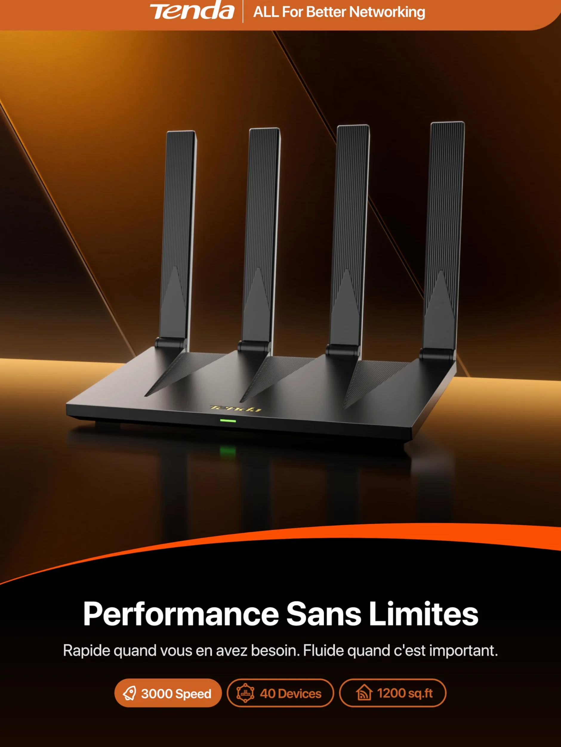 Tenda Routeur WiFi 6 AX3000 Dual Band Gigabit AX12 Pro, 5GHz : 2402Mbps + 2.4GHz : 574Mbps, 4 Ports Gigabit, EasyMesh, Contrôle Parental, MU-MIMO, OFDMA, VPN, Beamforming, NFC