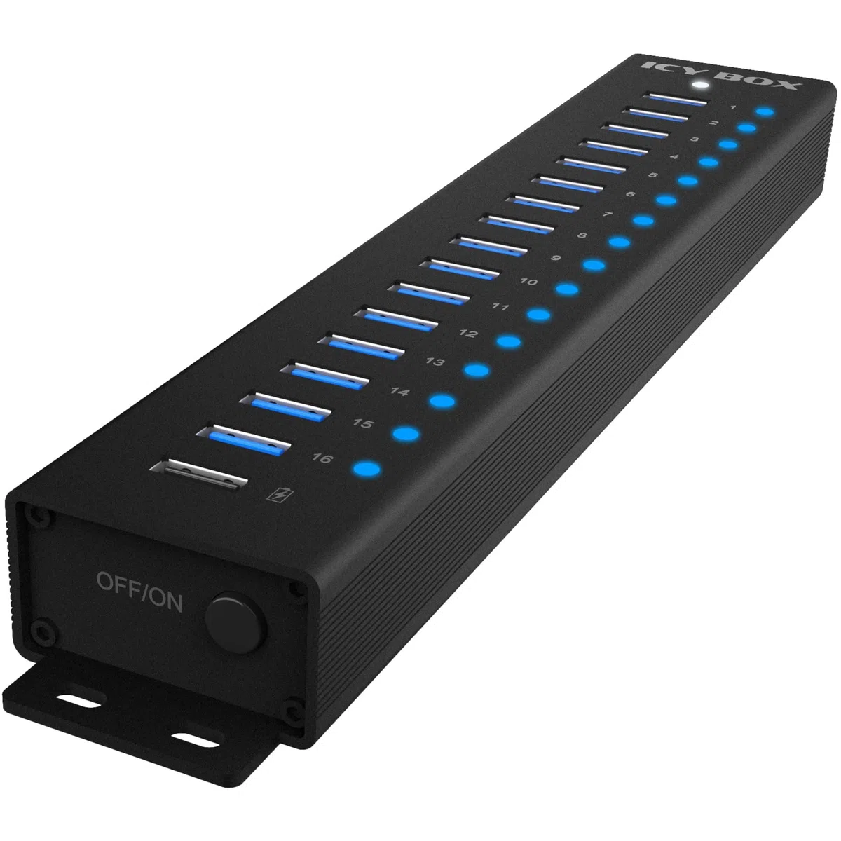 ICY Box Hub USB (17 Ports) 16 Ports USB & 1 Charge USB, USB 3.2 Gen 1 (5 Gbit/s par Port), avec Bloc d'alimentation 96 W, USB-A, Aluminium, IB-HUB1717-U3
