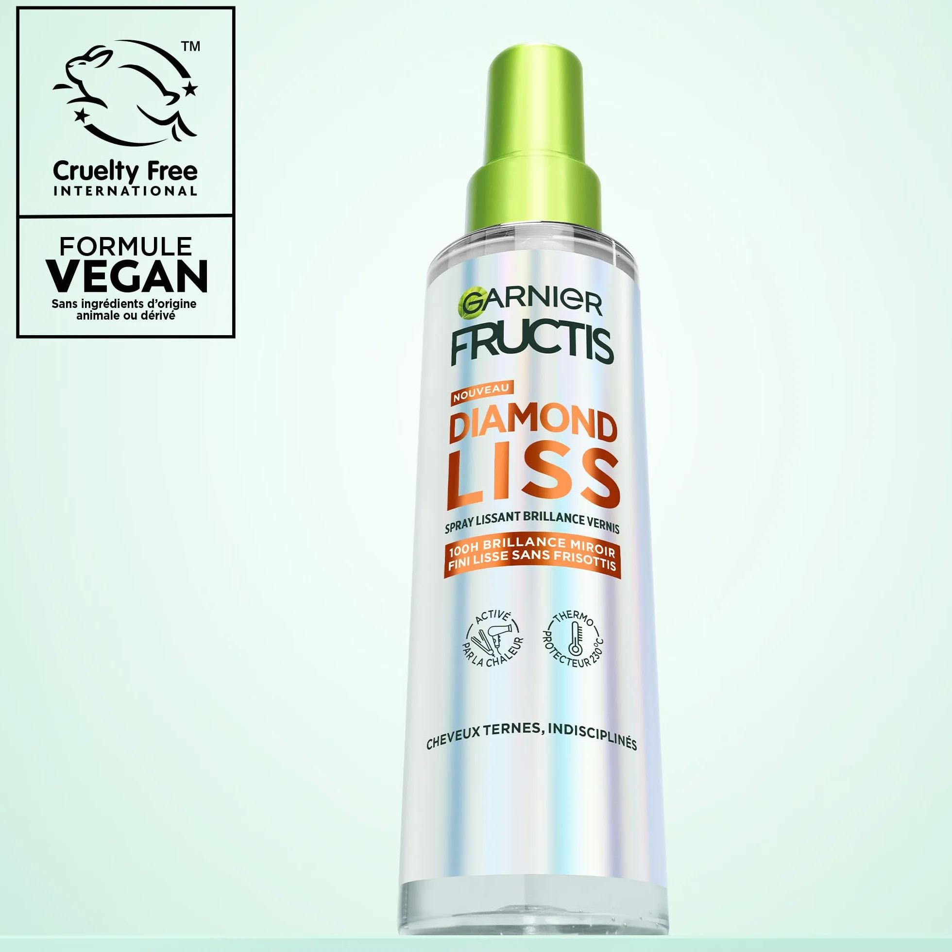 Garnier Fructis Diamond Liss Spray Cheveux Lissant Brillance Diamant Thermo Protecteur Kératine Végétale Huile d'Argan Anti-Frisottis 150 ml
