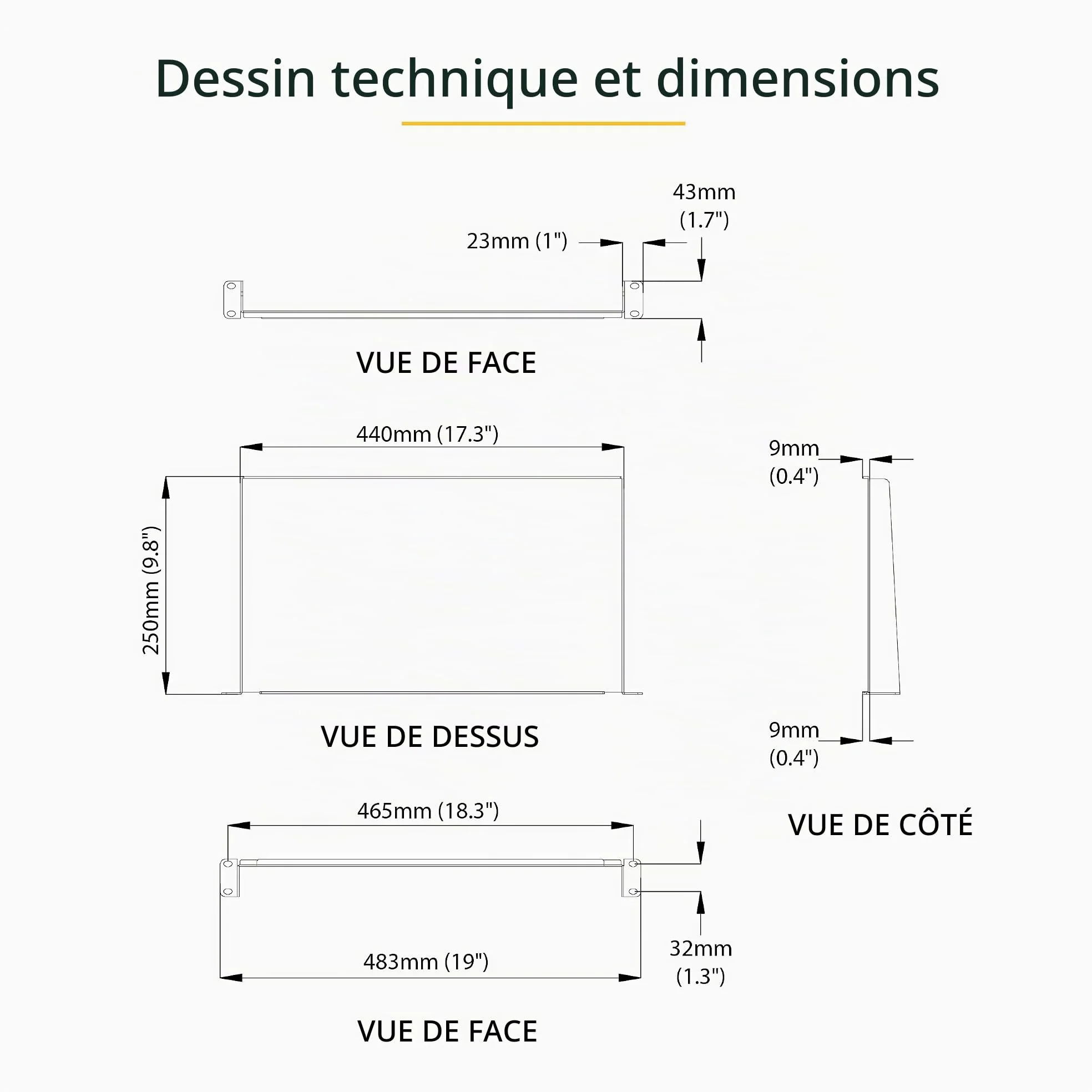 StarTech Étagère Cantilever Fixe Rack 1U, 25,4cm, 20kg, Noir (CABSHELF1U10) | Plateau universel, Montage en rack, Équipement audiovisuel, Réseau, Acier