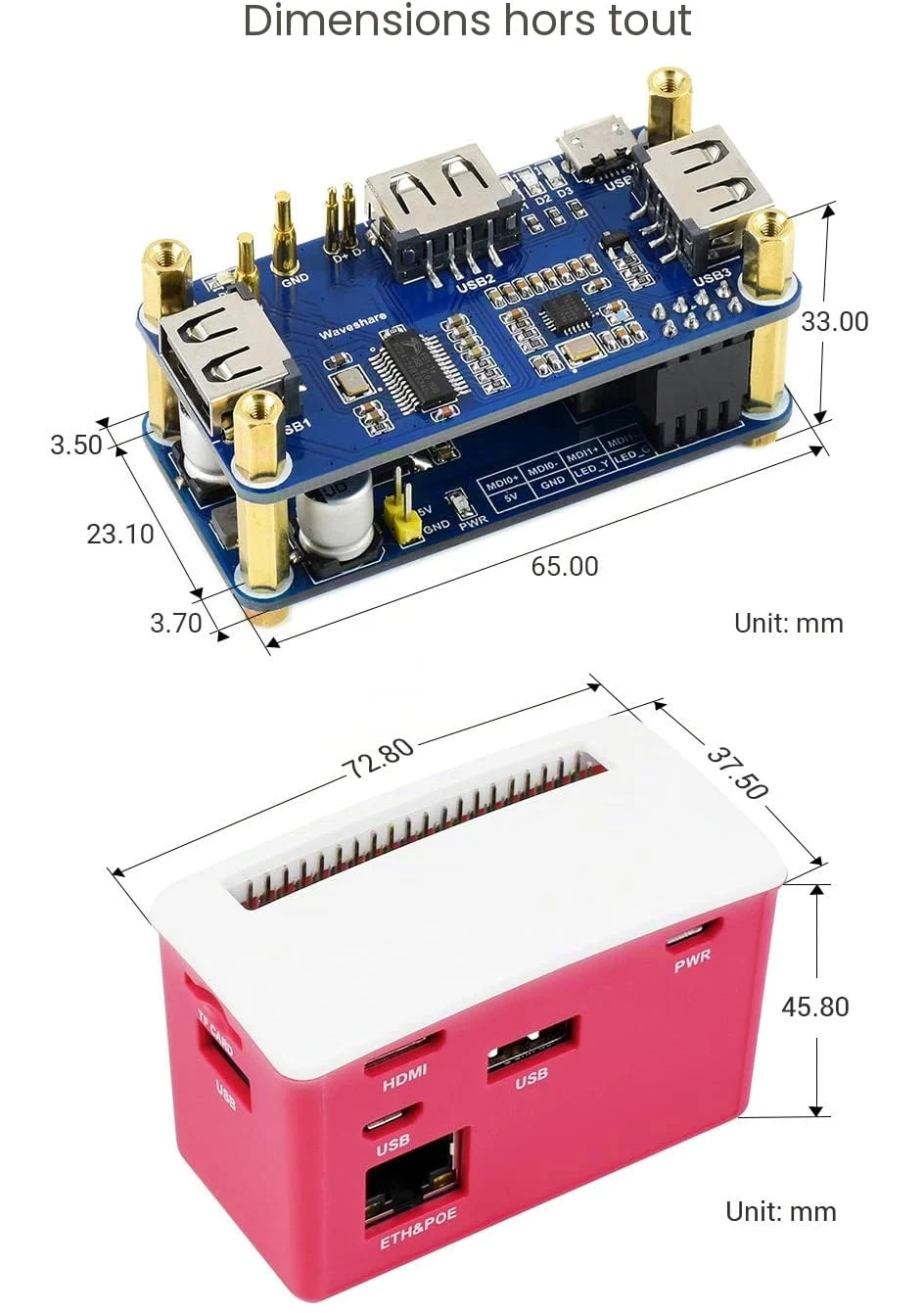 Waveshare PoE Ethernet/USB HUB Box for Raspberry Pi Zero Series 3X USB 2.0 Ports 802.3af-Compliant Compatible with Zero Series Boards
