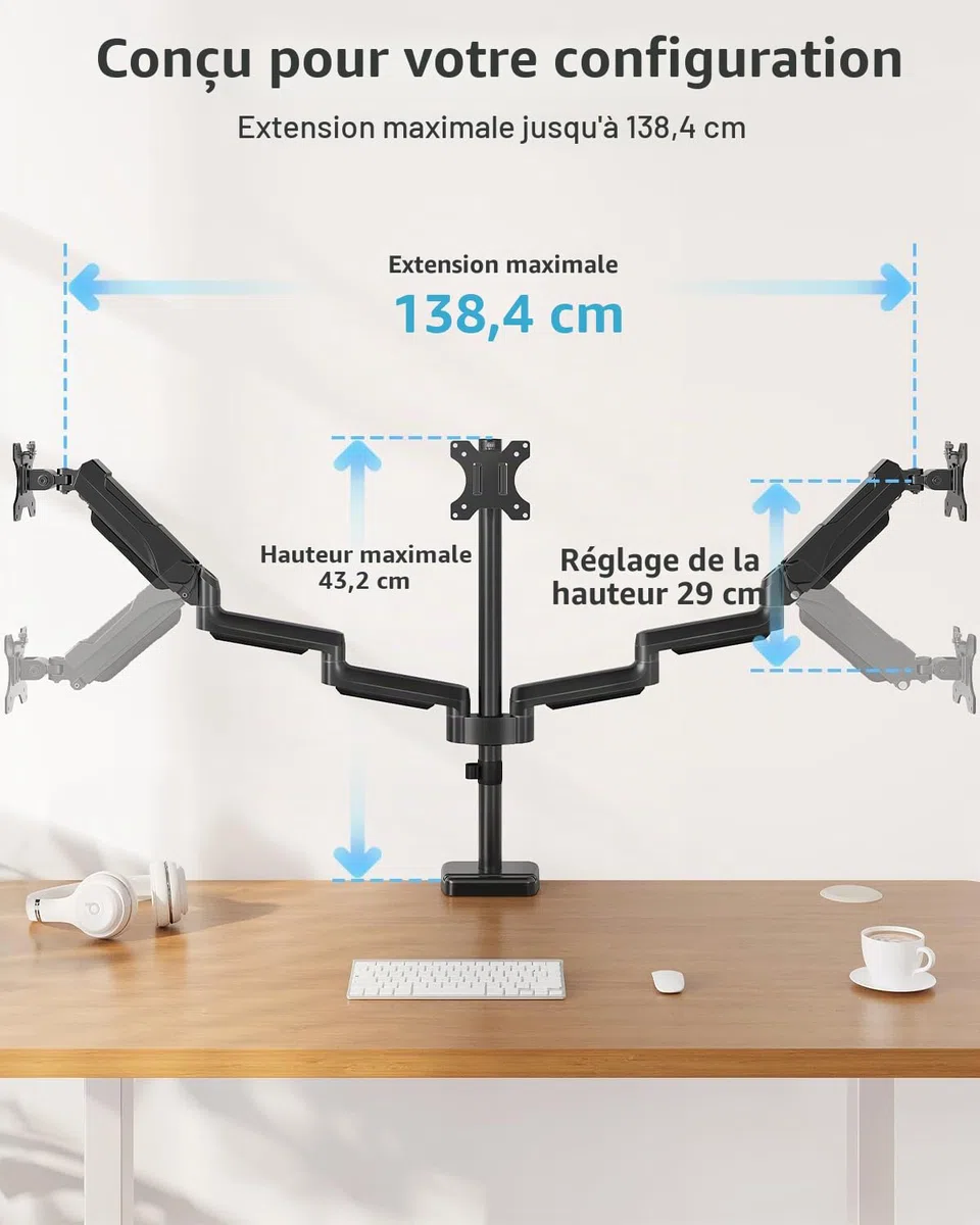 MOUNTUP Support triple moniteur – Support de bureau pour 3 écrans d'ordinateur jusqu'à 27", triple bras de moniteur, support robuste pour moniteurs, chaque bras peut supporter 2 à 9 kg, noir