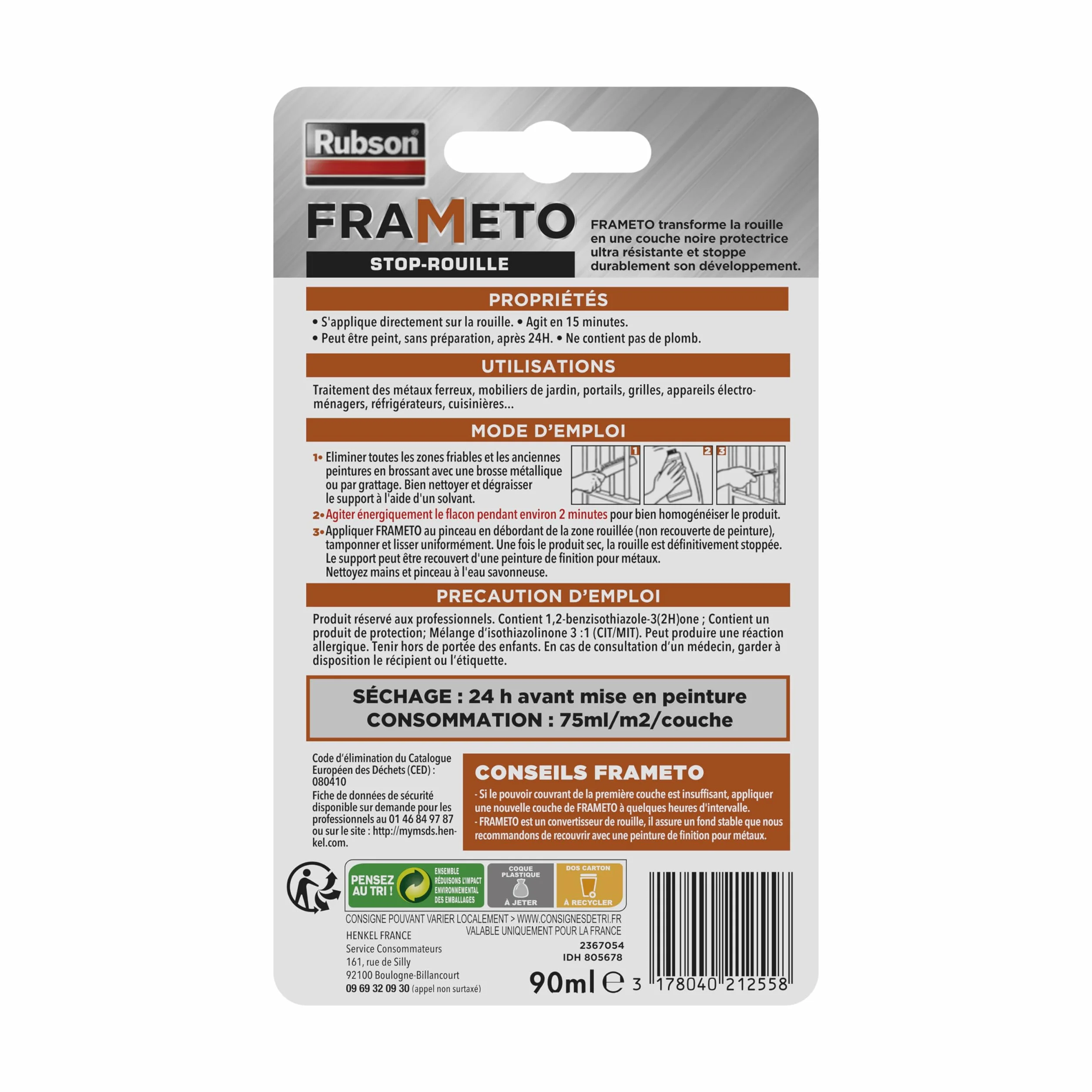 Rubson Frameto Stop-Rouille Traitement antirouille Convertisseur de rouille Noir 90 ml