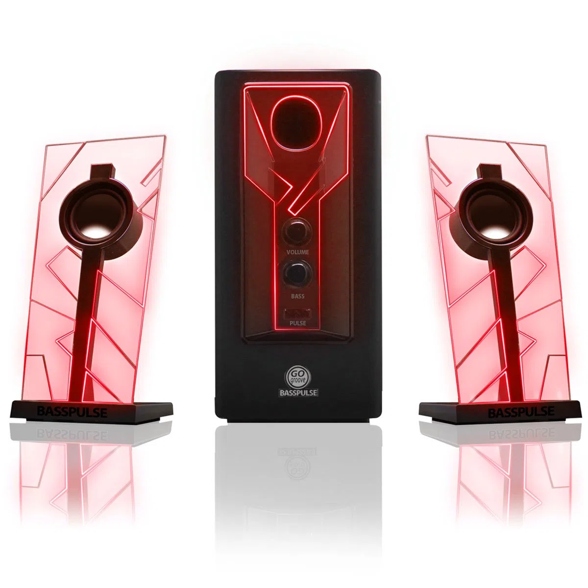 GOgroove BassPULSE Haut-parleurs stéréo 2.1 LED pour Ordinateur de Jeu avec lumières Rouges, Commandes des Basses et Caisson de Basses alimenté – Compatible avec PC, Mac, Ordinateur de Bureau,
