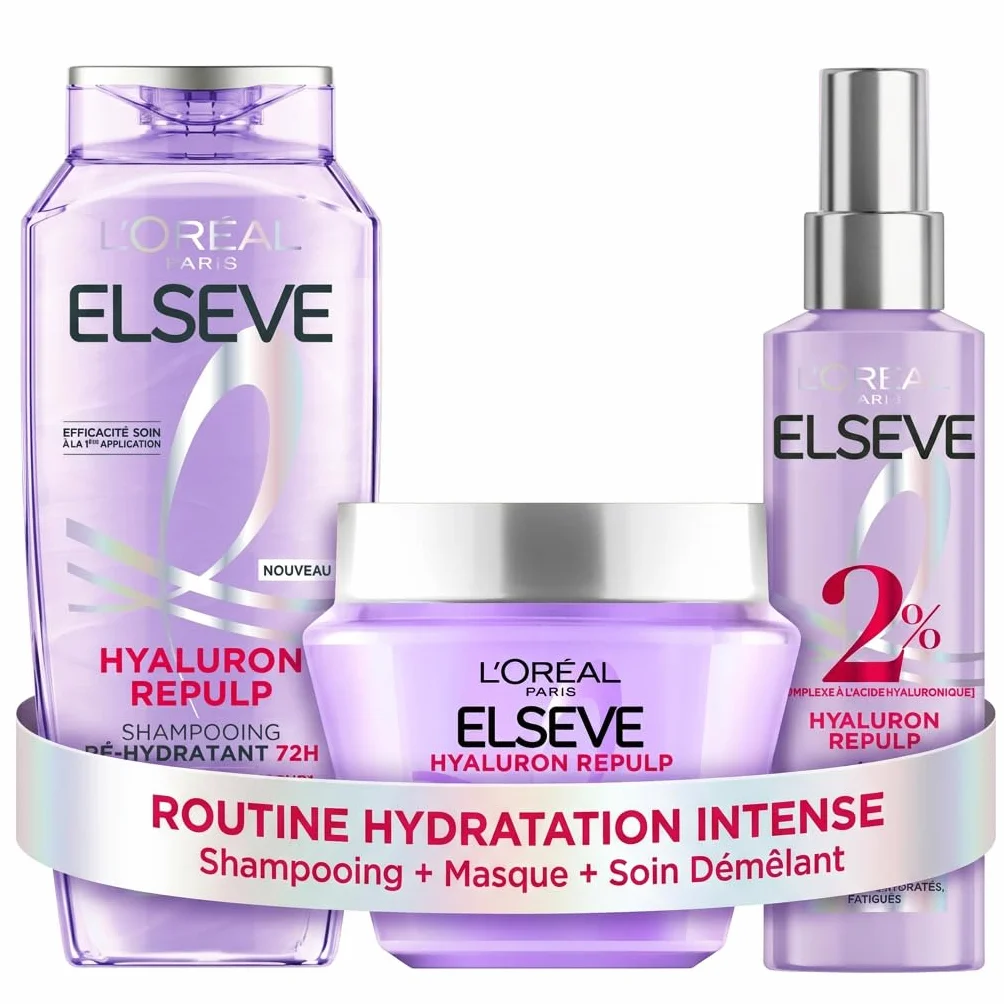 L'Oréal Paris Elseve Hyaluron Repulp Routine Soin Hydratation Intense Cheveux Déshydratés 72H Acide Hyaluronique Shampooing Sérum Masque