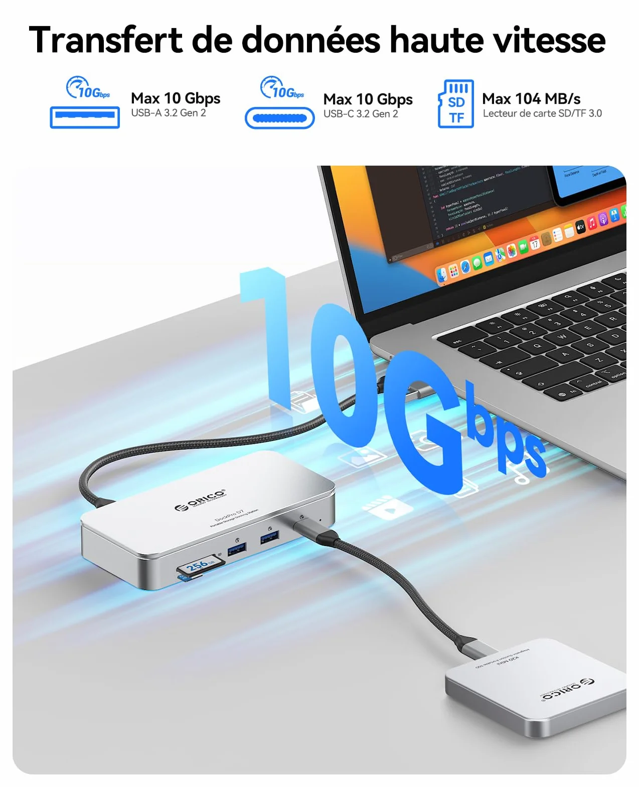 ORICO Hub USB C 7 en 1 avec boîtier SSD M.2 NVMe de 8 to, Station d'accueil avec Ports USB-C et USB-A 10 Gbit/s, 2 Ports USB-A 5 Gbit/s, 3.0 SD/TF, 100 W PD, Gigabit Ethernet, Station d'accueil
