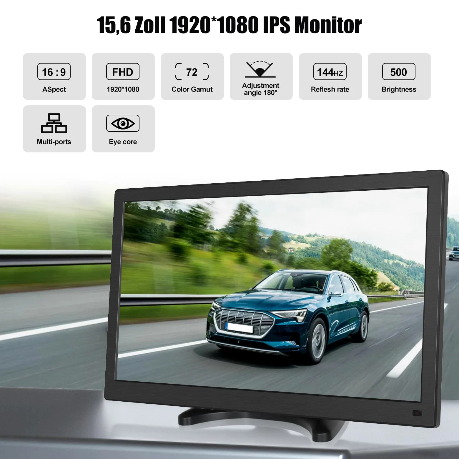 CAMECHO 15,6 Pouces Portable Monitor FHD 1080P Intégré Haut-Parleur avec HDMI VGA RAC BNC Mini Moniteur pour Jeux/PC/TV/DVD/caméra de Voiture/caméra de Surveillance
