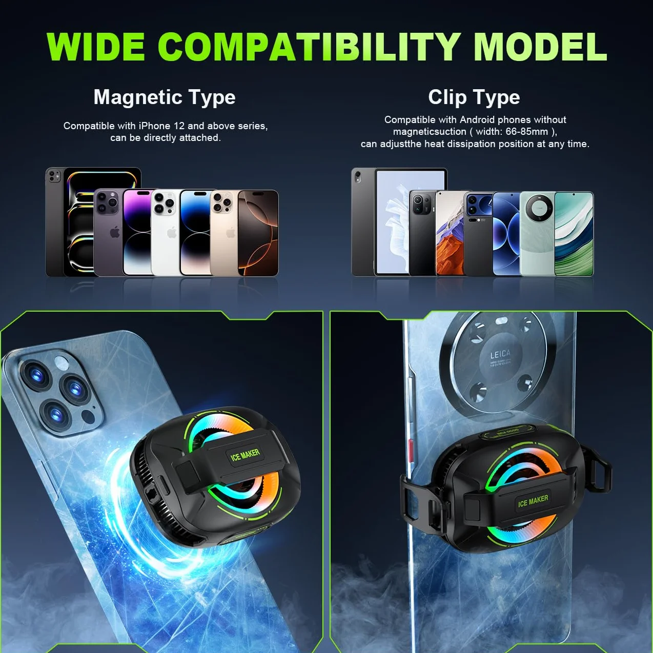 Basics Refroidisseur magnétique pour téléphone USB avec contrôle intelligent de la température, lumière RVB, vert