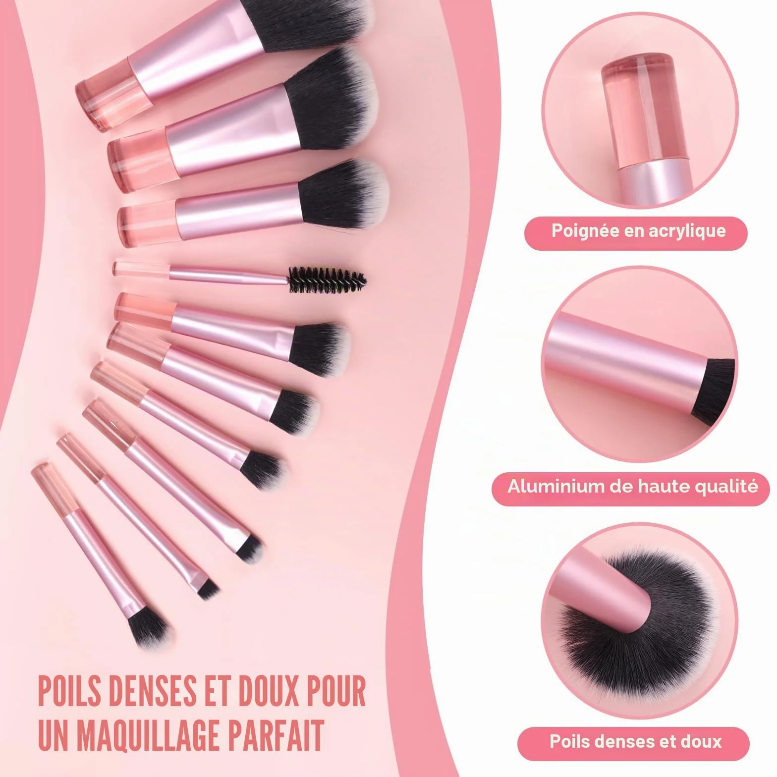 Lot de 10 Pinceaux de Maquillage de Voyage, Mini Pinceau avec Sac PU, Rose