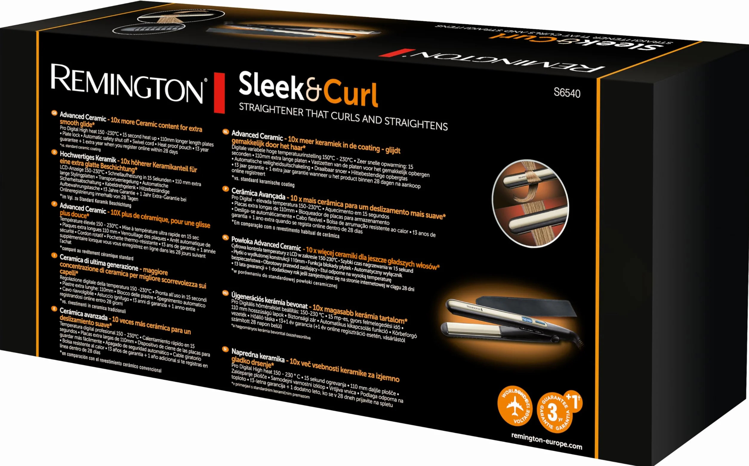 Remington S6500 Fer à Lisser Sleek & Curl 2en1 Lisse & Boucle Céramique Tourmaline 150-230°C