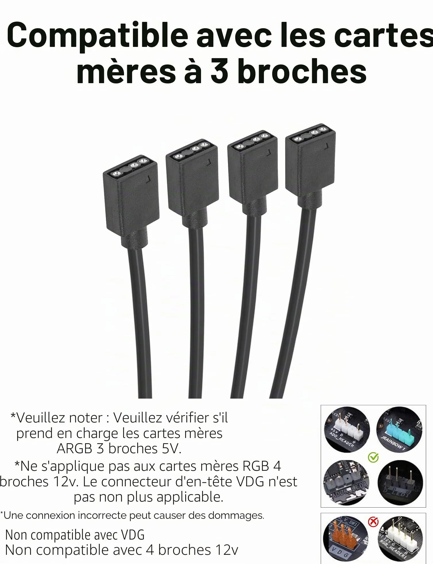 upHere ARGB 3Pin Répartiteur de Ventilateur 1 à 4 Splitter Cable 30cm avec Broches mâles