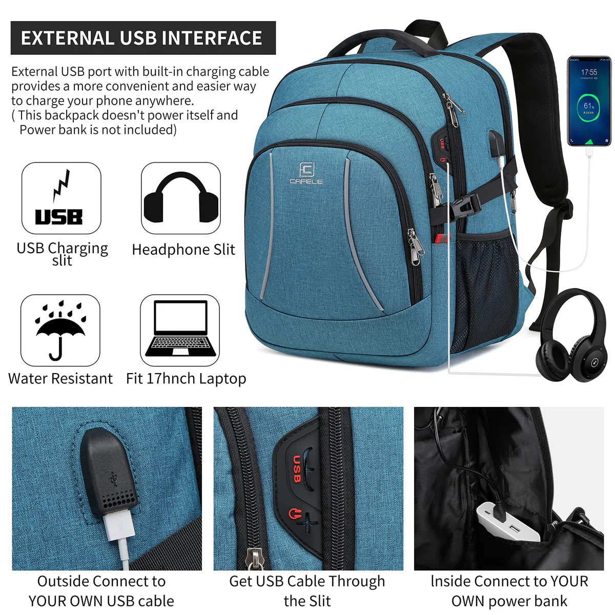 CAFELE Sac à Dos pour Ordinateur Portable Extra-Large de 15,6 Pouces, Sac à Dos de Voyage Durable, Sac d'ordinateur de Bureau antivol RFID pour Hommes et Femmes