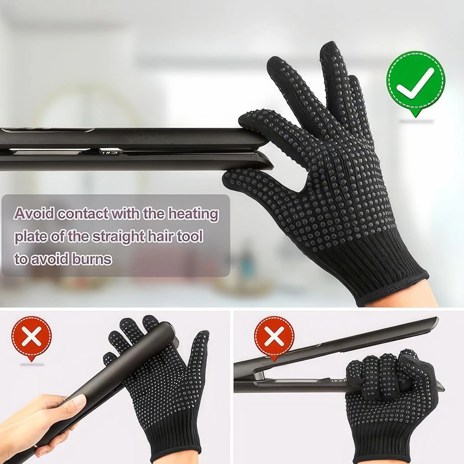 Gants Résistants à la Chaleur pour Fer à Friser avec Coussin d'Isolation Thermique en Silicone, Noir