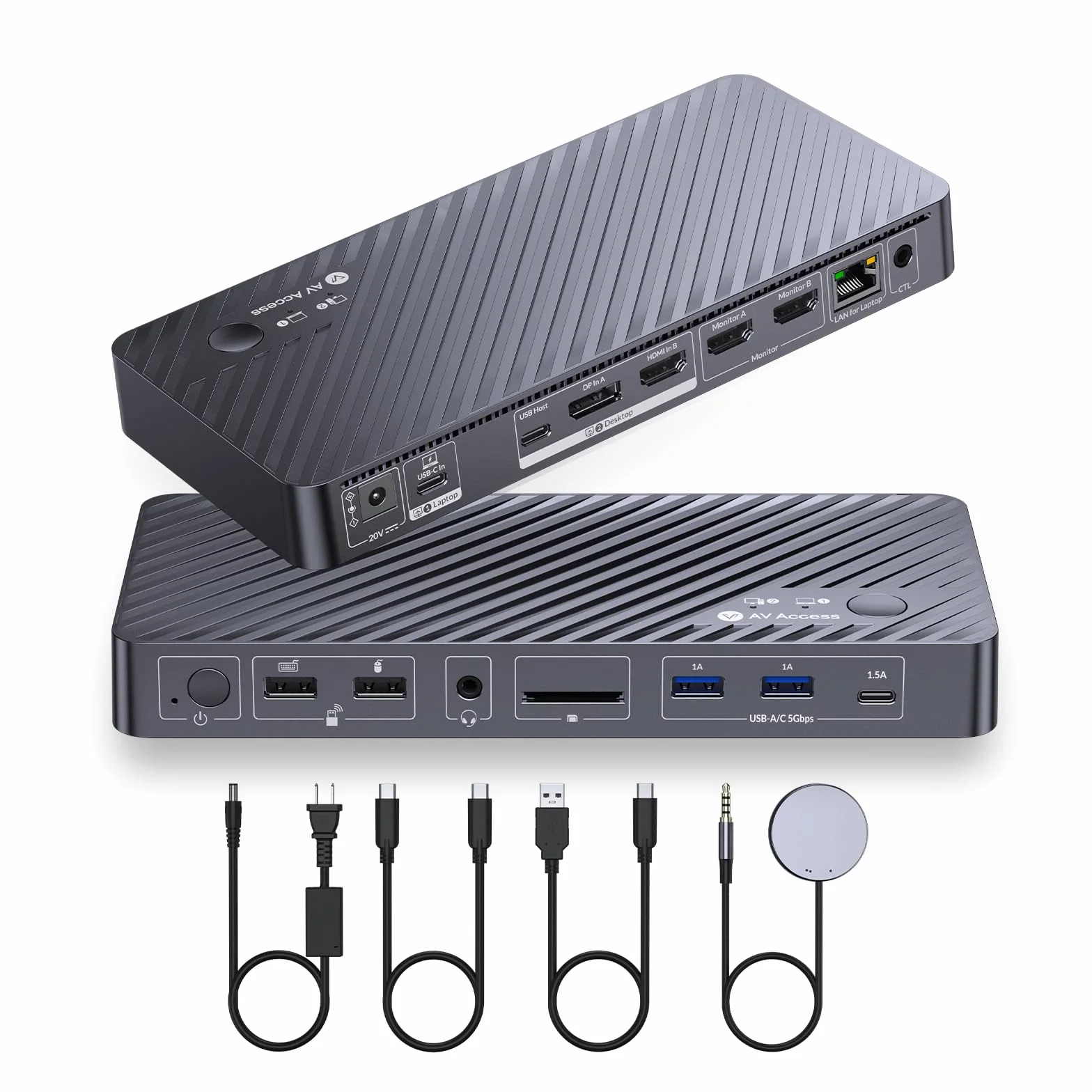 AV Access Station d'Accueil Double Écran pour PC Portable & Bureau, Commutateur KVM 2 Moniteurs 2 PCs avec Ethernet, EDID, 4K@60Hz, 4xUSB-A, 1xUSB-C, Alimentation pour PC Portable, Audio, SD