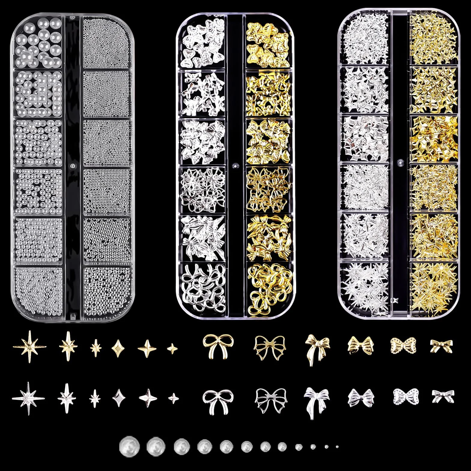 lafo Lot de 3 Boîtes Strass Ongle Nail Art avec Bijoux Ongles - Perles Charmes Cristal Blanc, Beige et Décoration Ongle - Kit Nail Art Accessoires Design Faciles