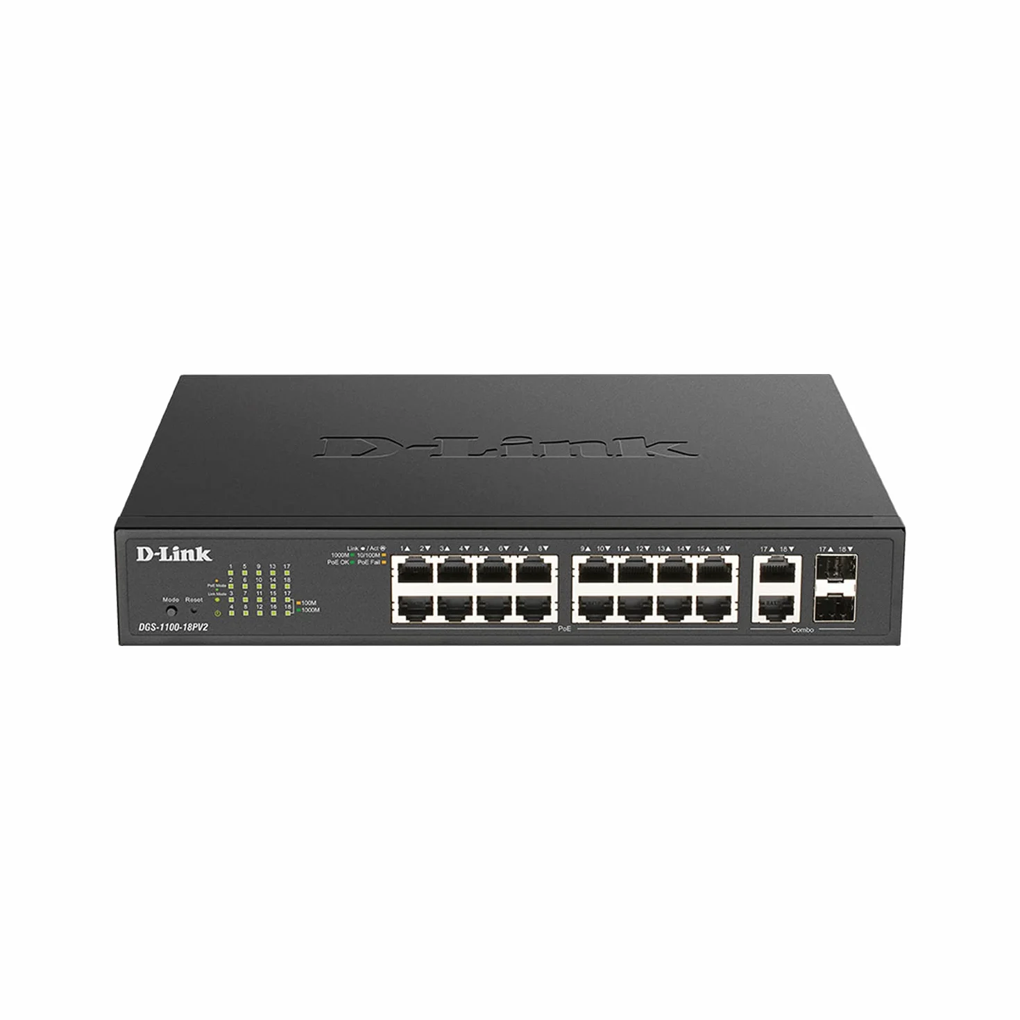 Commutateur Smart Managed Gigabit PoE D-Link DGS-1100-18PV2, Switch Réseau Layer 2 à 18 Ports, 16 Ports PoE+, Budget PoE 130W, VLAN, QoS, Surveillance VLAN, Rackable