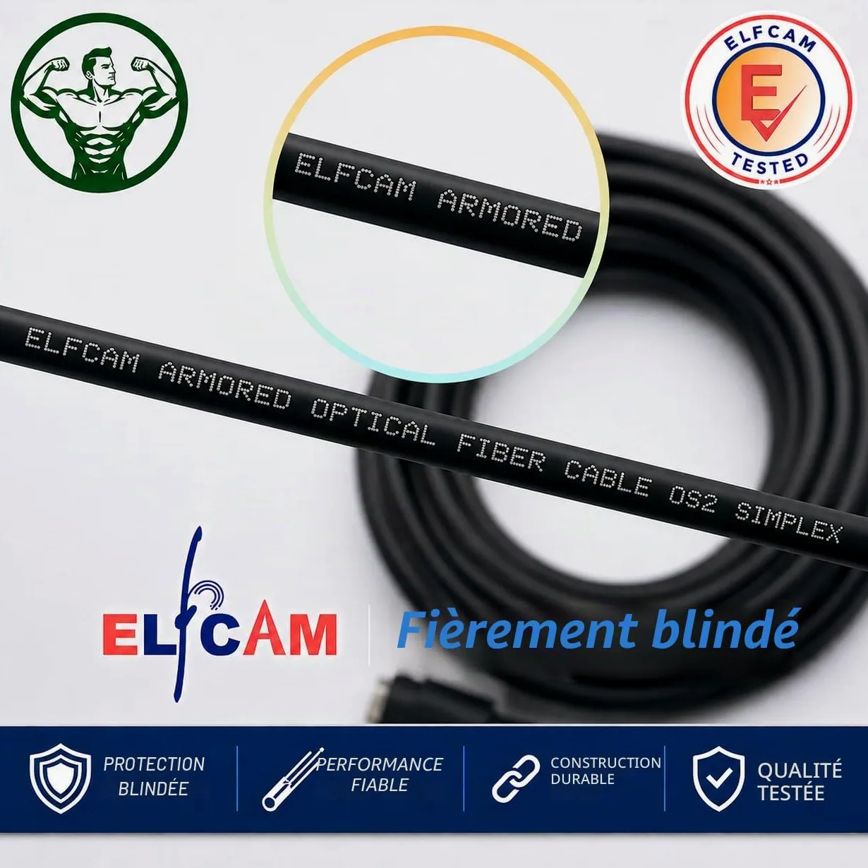 Elfcam® - Câble à Fibre Optique en Acier Blinde LC/APC à LC/APC Simplex Monomode LSZH (200M)