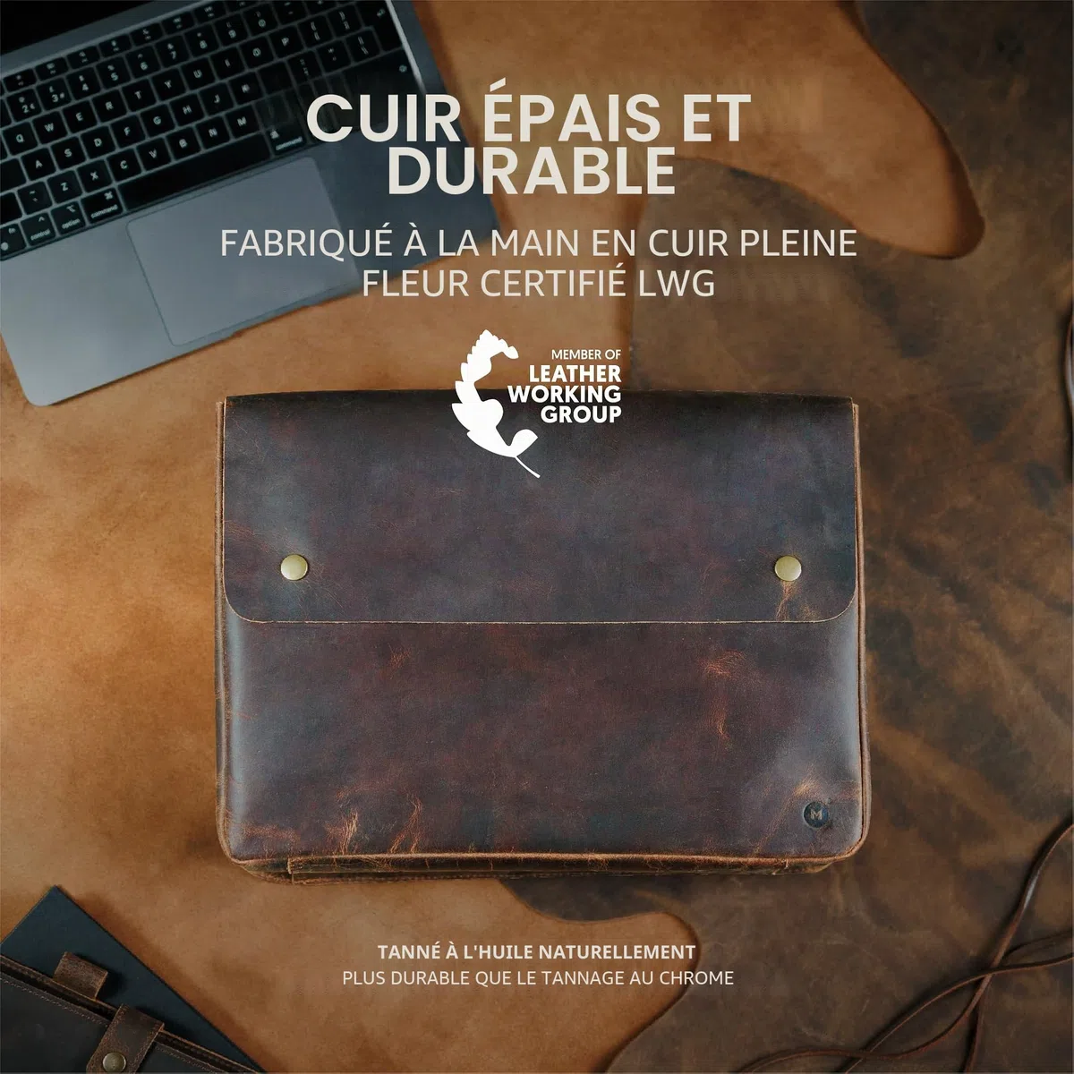 Moonster Housse Ordinateur 14 Pouces en Cuir de Buffle - Design Spacieux et sans Sangle Pochette Ordinateur 15.6 Pouces Femme - Housse Ordinateur 13 Pouces Macbook et Tablettes de 13 à 15”