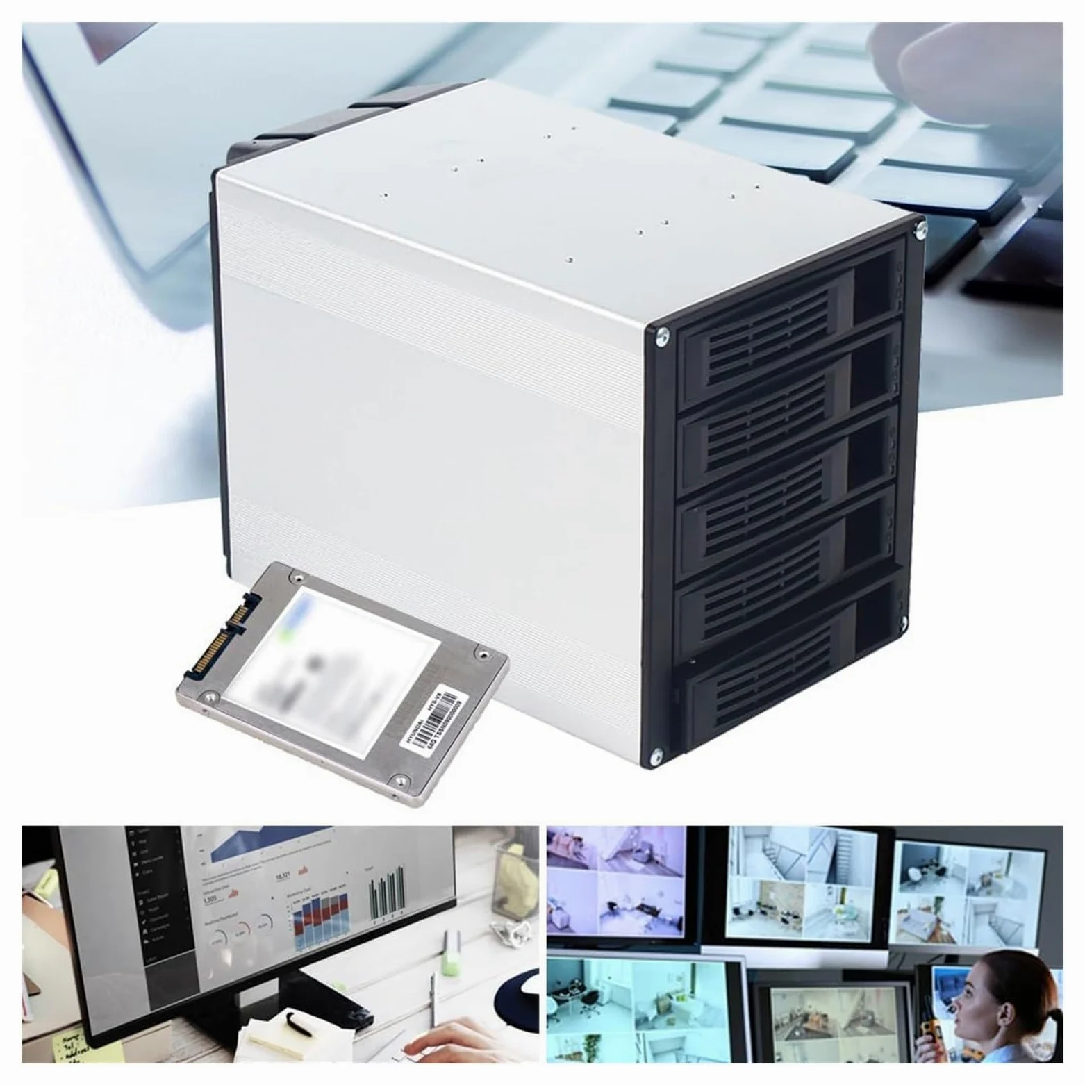 Boîtier de Disque Dur 5 Baies, Station d'accueil Verticale for Disque Dur Externe SATA, SSD, boîtier en Alliage d'aluminium, Adaptateur Secteur