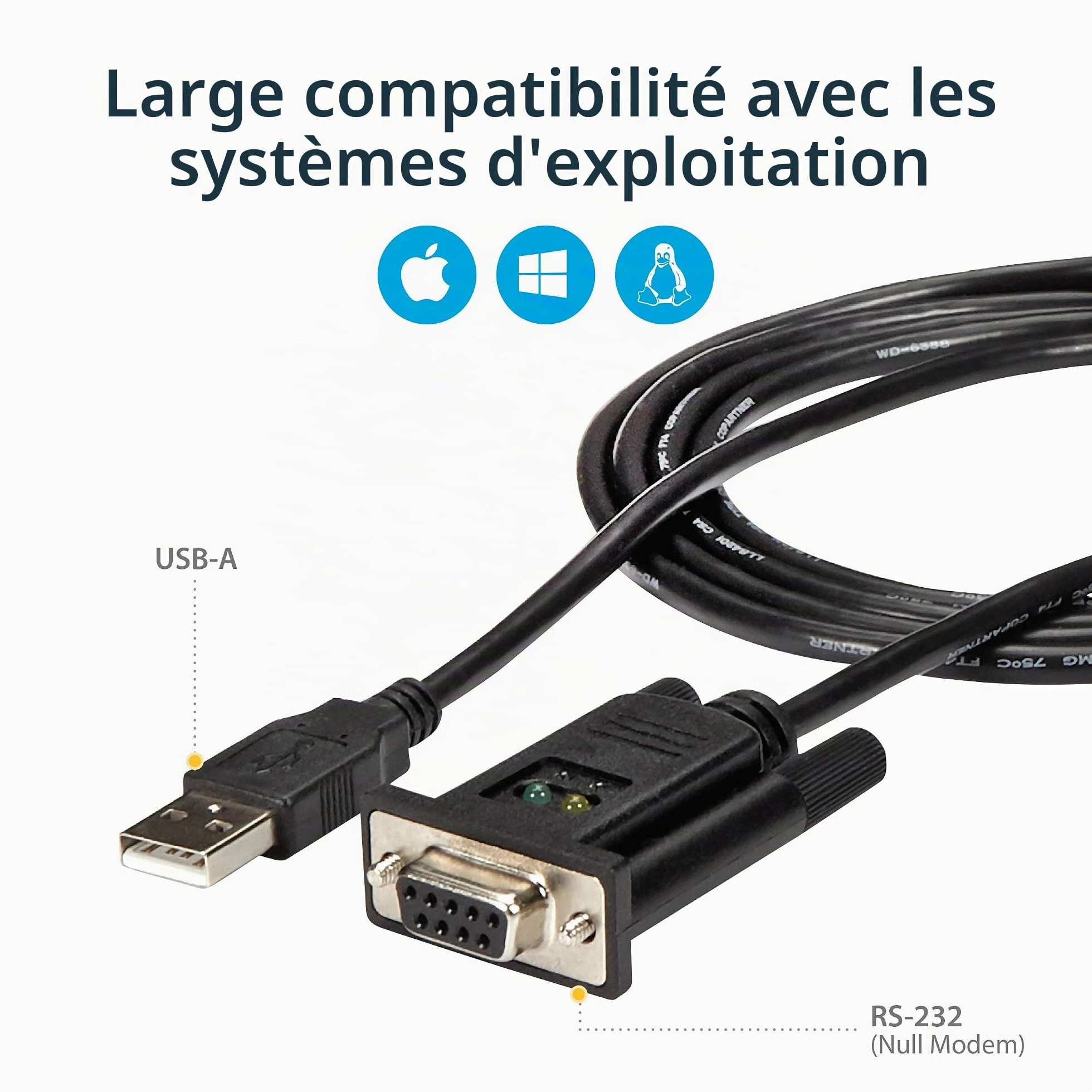 StarTech Adaptateur USB vers Série RS232 1,8m, DB9 DCE, FTDI (ICUSB232FTN) | Câble adaptateur série, Null Modem, USB 2.0, Windows, Mac, Linux, 921, 6 Kbps, 1 Port