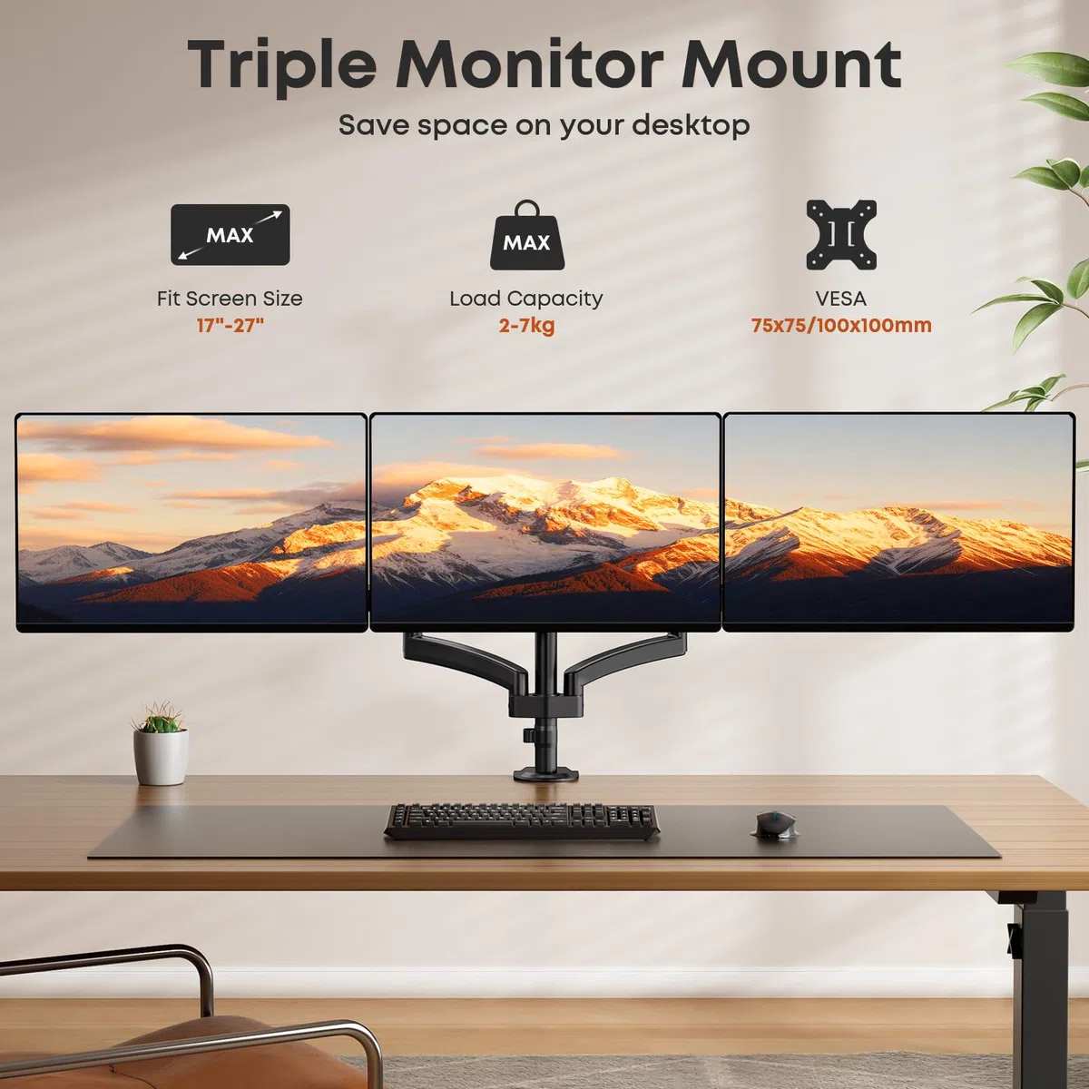 PUTORSEN Support 3 Écran PC Moniteur, Premium Aluminium Bras Articulé Ergonomique Ressort Gaz pour Triple Écrans 17-27", Hauteur Réglable Inclinaison Pivot et Fixation Bureau, Bras Supporte 7kg