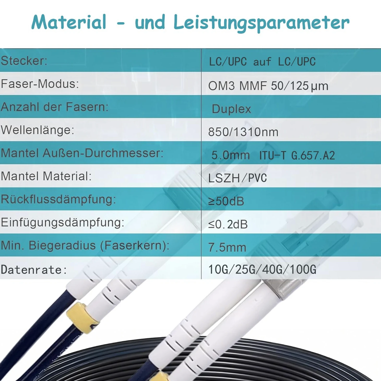 100m Câble Fibre Optique LC UPC vers LC UPC OM3 Duplex Multimode 50/125 µm LSZH Noir 5mm Faible Atténuation pour Routeur ONT et Centre de Données