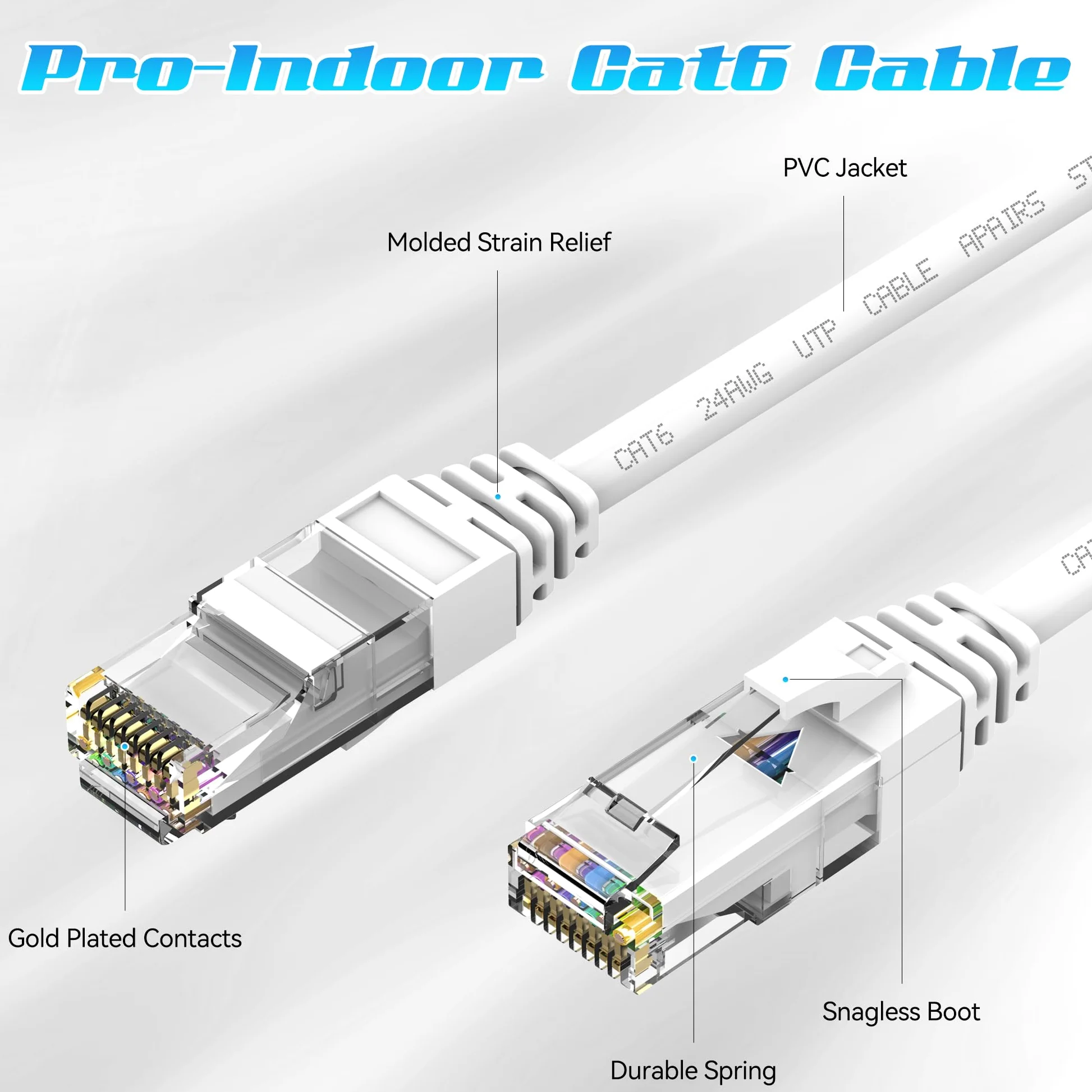 Câble Ethernet Cat6 de 60 m, câble de raccordement Cat6, câble réseau UTP, intérieur et extérieur, PoE, 24 AWG CCA, compatible avec PC, ordinateur portable, routeur, commutateur, serveur, avec 25