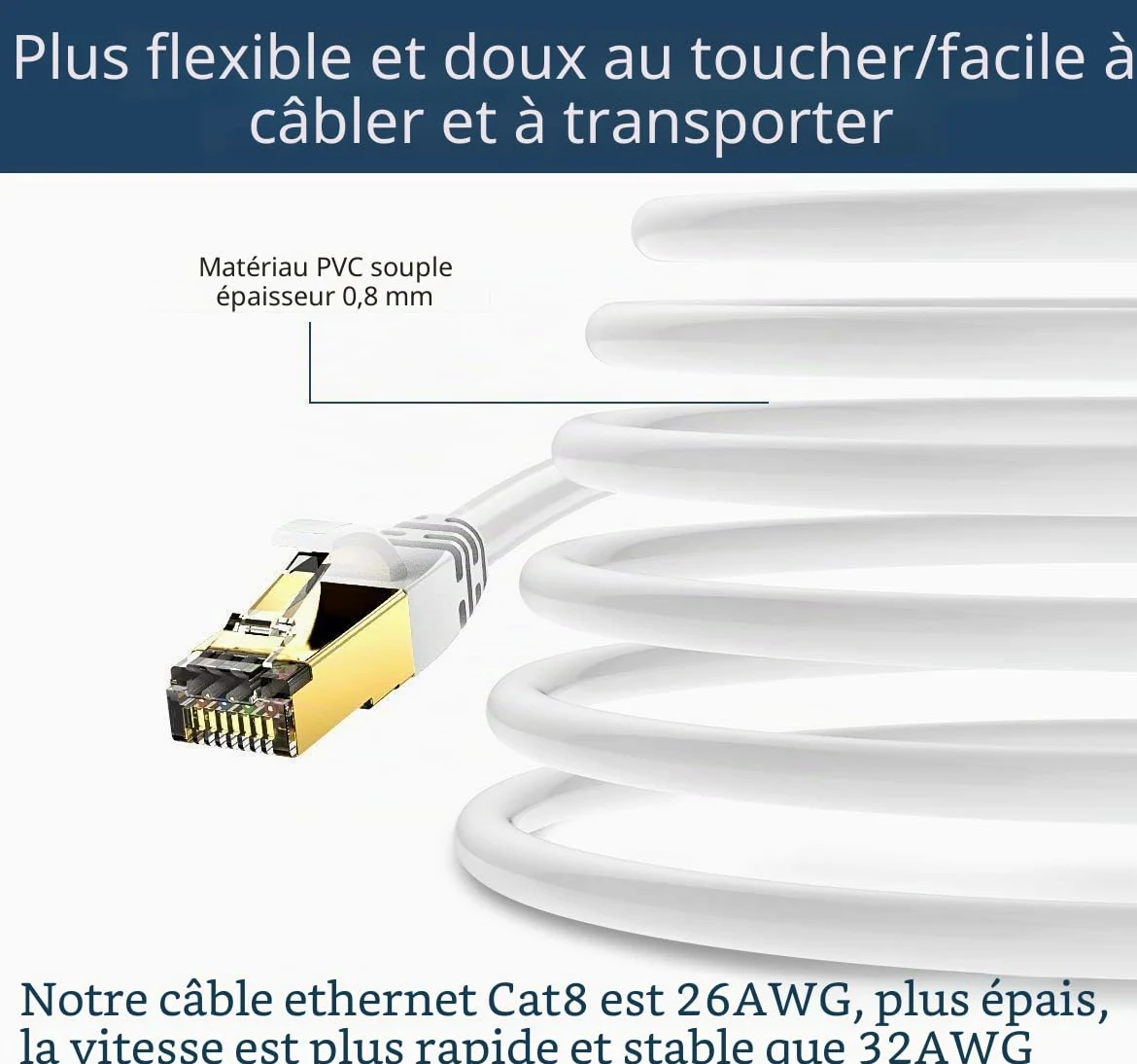 Veetop Câble Ethernet Cat 8, RJ45 50m Cable Réseau, Cat8 40Gbps 2000MHz Gigabit S/FTP Câble Internet Lan pour PS5, Routeur, Téléviseurs, Xbox, Plus Rapide que Cat 6/Cat 7
