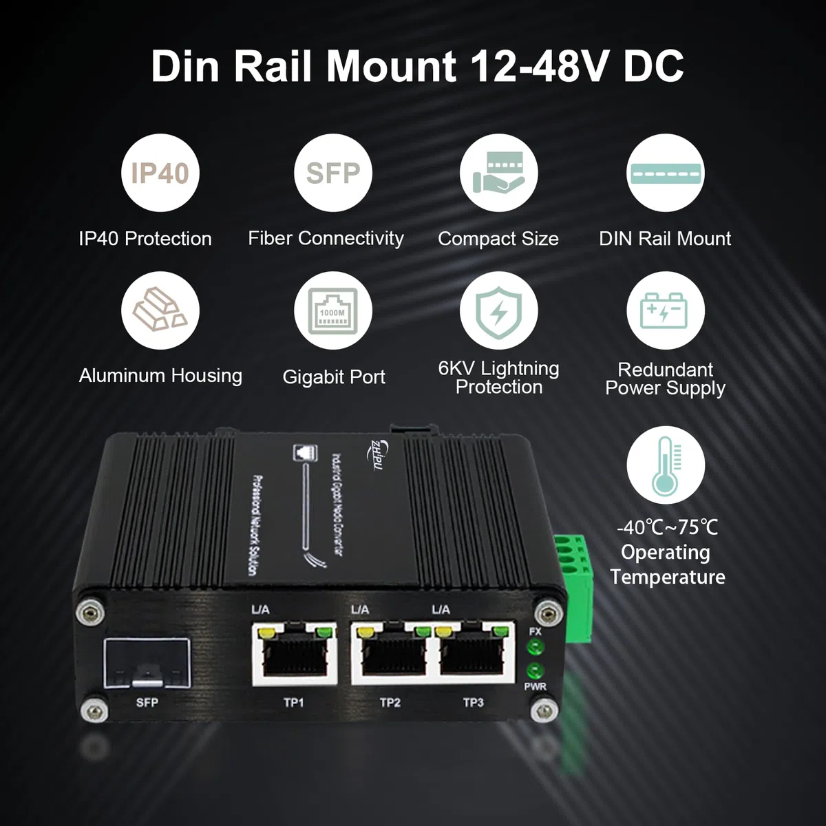 Mini commutateur Ethernet Gigabit industriel à 3 ports, avec RJ45 10/100/1000 Mbps, 1 port SFP, convertisseur de média à fibre optique sur rail DIN, IP40, -40 ℃ ~ 75 ℃