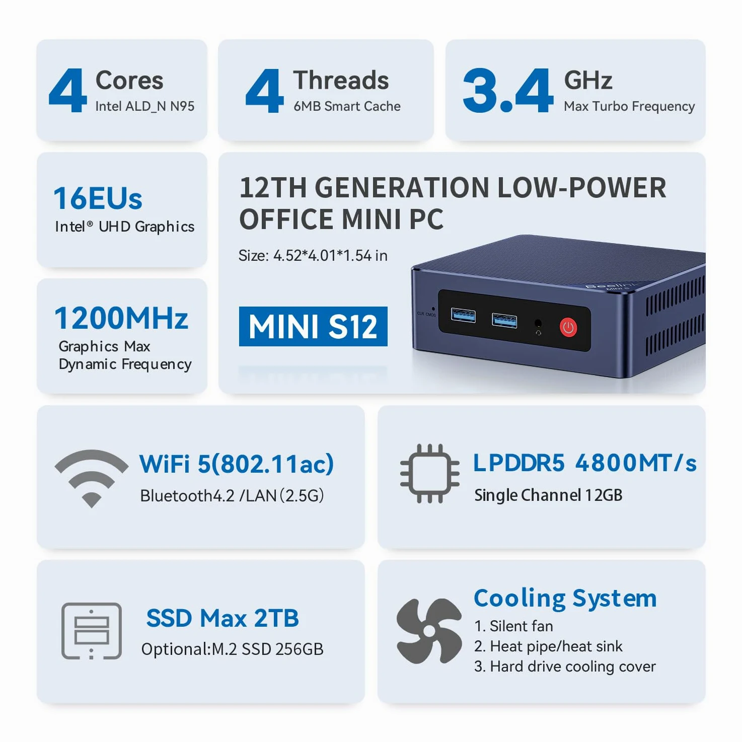 Beelink Mini PC, Mini S12 Intel 12th Alder Lake-N N95 (4C/4T, jusqu'à 3,4GHz), 12Go LPDDR5 RAM 512Go M.2 2280 SSD, Mini Ordinateur de Bureau 4K Dual HDMI/WiFi5/BT4.2/2.5G LAN pour la Maison/Bureau