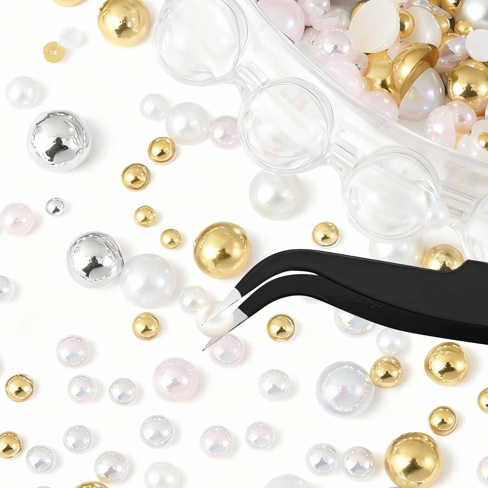 Lot de 10 000 perles à ongles plates, 6 couleurs, 4 tailles, pince à épiler pour manucure