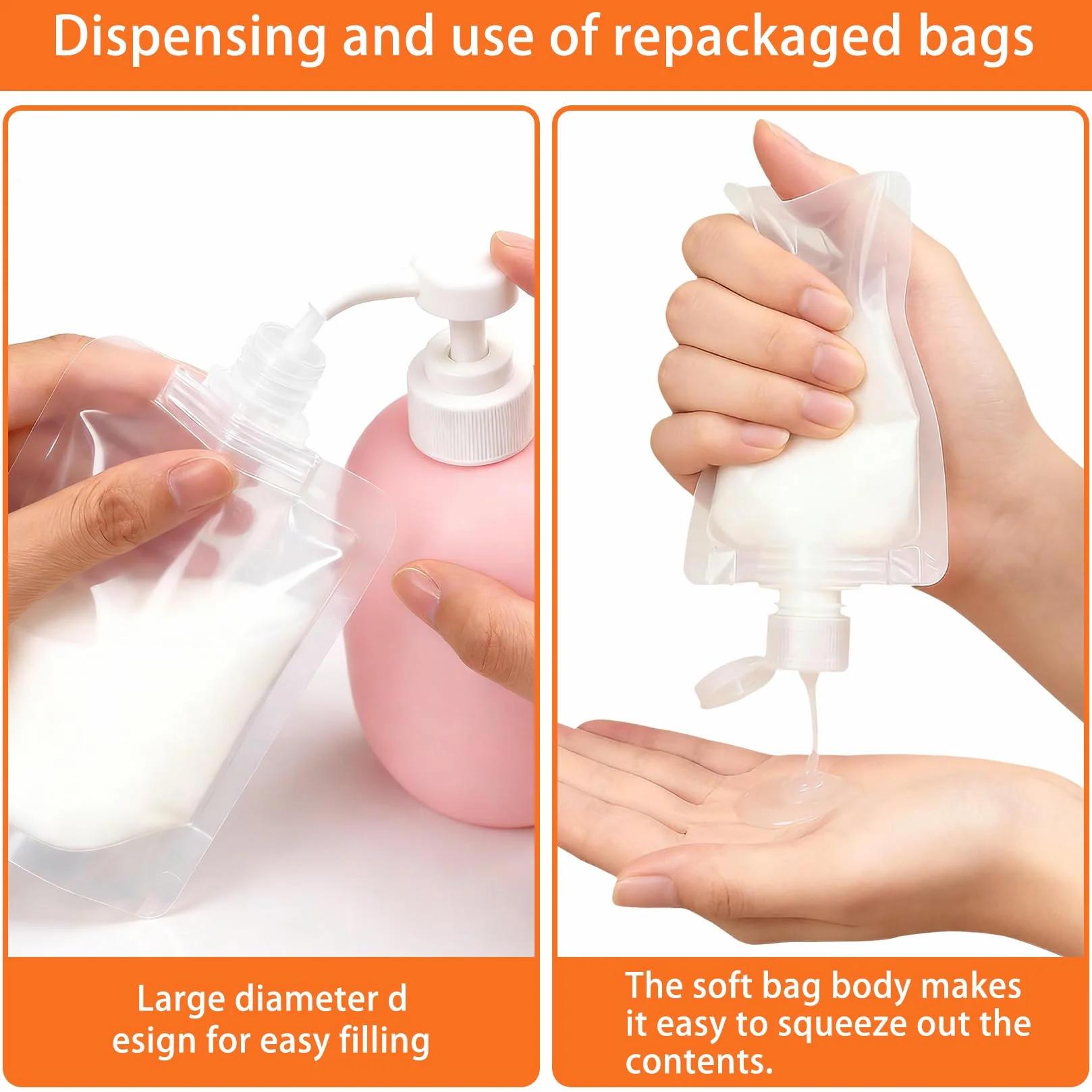 Sachets de Recharge pour Gel Douche 20 Pcs 30ml 50ml 100ml avec Entonnoir en Silicone