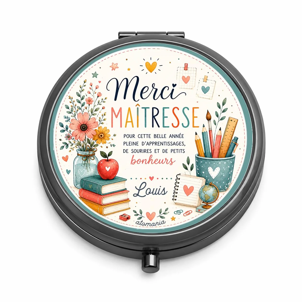 Miroir de Poche Personnalisé Prénom – Cadeau Maîtresse Fin d'Année Scolaire – Miroir Compact Femme