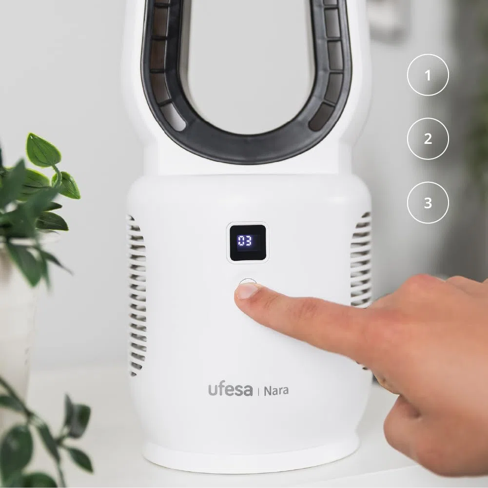 Ufesa Ventilateur de Table Sans Hélices Nara, Rechargeable, 10W, USB-C, 3 Vitesses, Écran LED, Batterie 2200 mAh, Utilisation avec ou sans Câble, Recharge Rapide, Compact