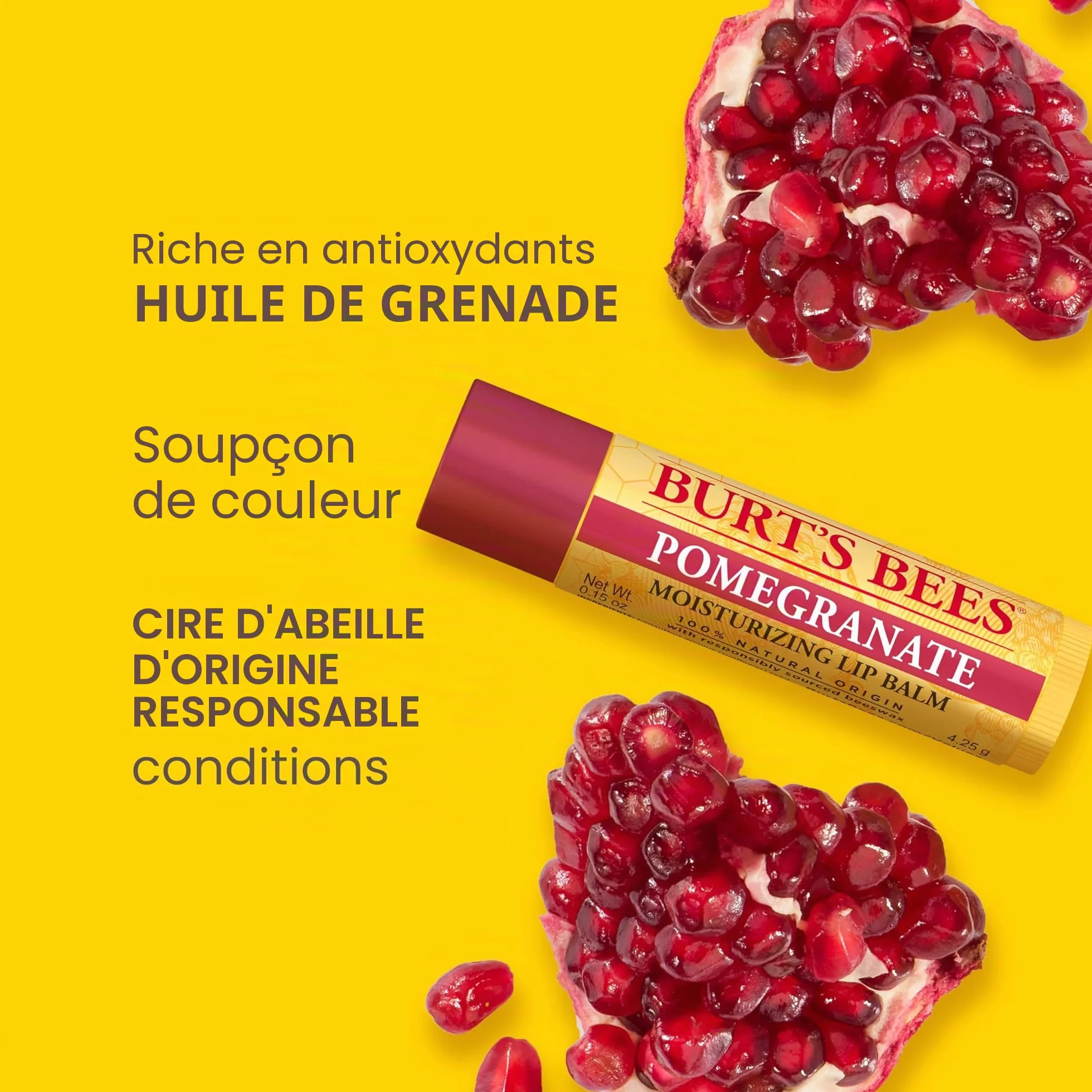 Burt's Bees Baume à lèvres teinté grenade 100% naturel cire d'abeille extraits de fruits 1 crayon