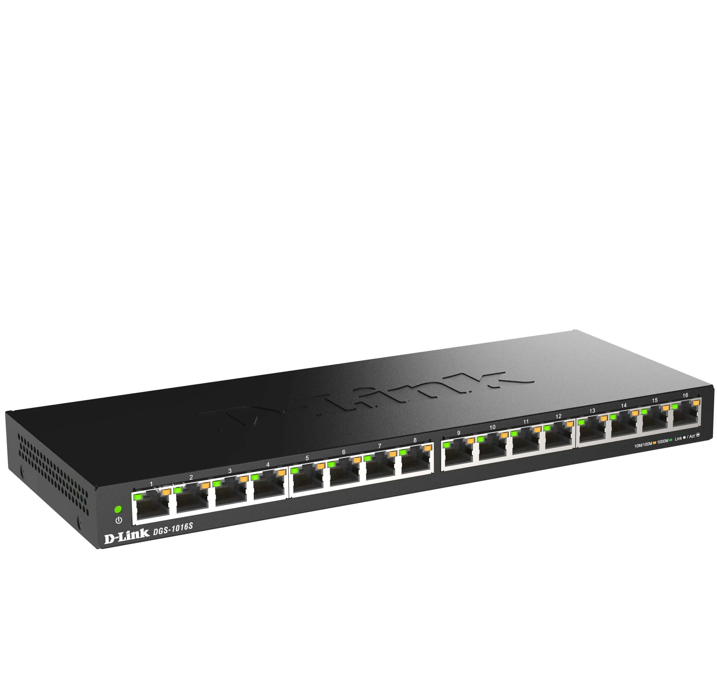 D-Link DGS-1016S Commutateur Gigabit Non géré à 16 Ports, sans Ventilateur, Profil Bas, boîtier en métal, Montage Mural/de Bureau, Plug-and-Play, QoS 802.1p, 802.3az EEE Noir DGS-1016S